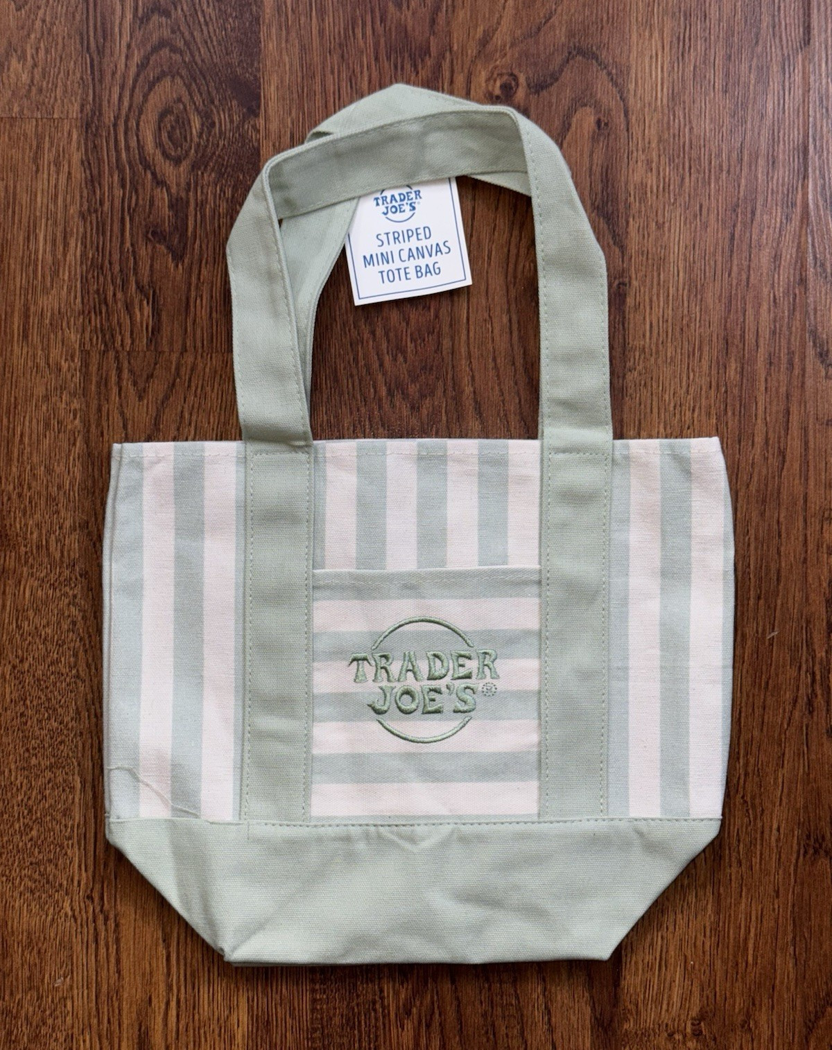 Trader Joe’s Mini Canvas Tote Bag Green Stripe 15x6in Less Than 6in H