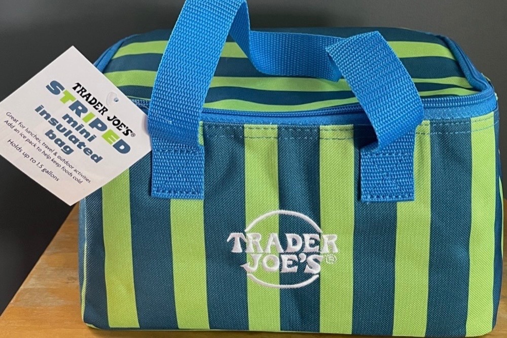 Trader Joes mini insulated bag blue and green stripes