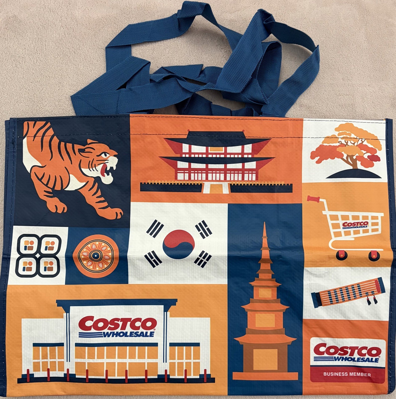NEW COSTCO KOREA EXCLUSIVE REUSABLE LARGE SHOPPING TOTE BAG TIGER KOREAN FLAG
