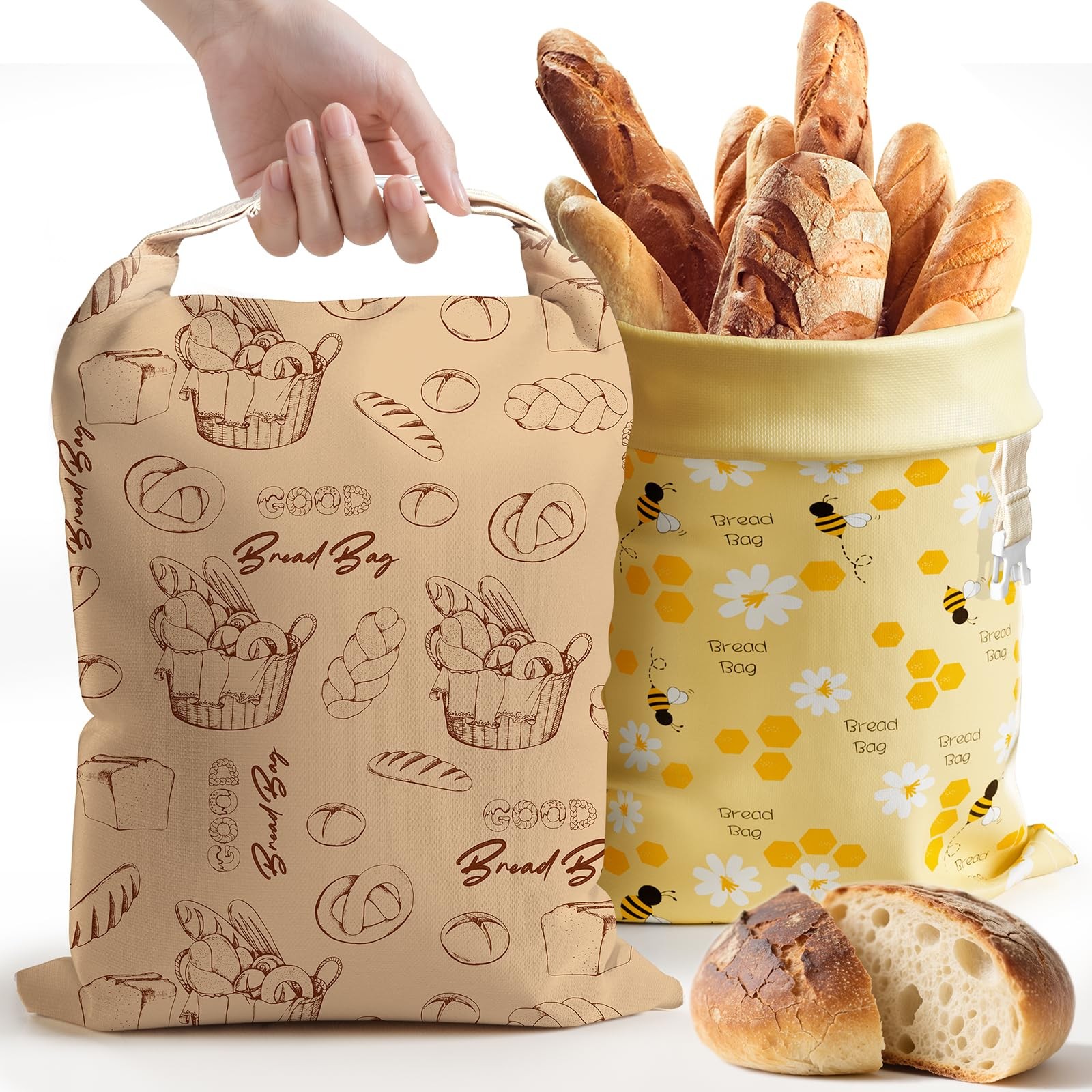 Aofmee Reusable Beeswax Bread Bags for Homemade Bread, 2 Pack Khaki, Yellow