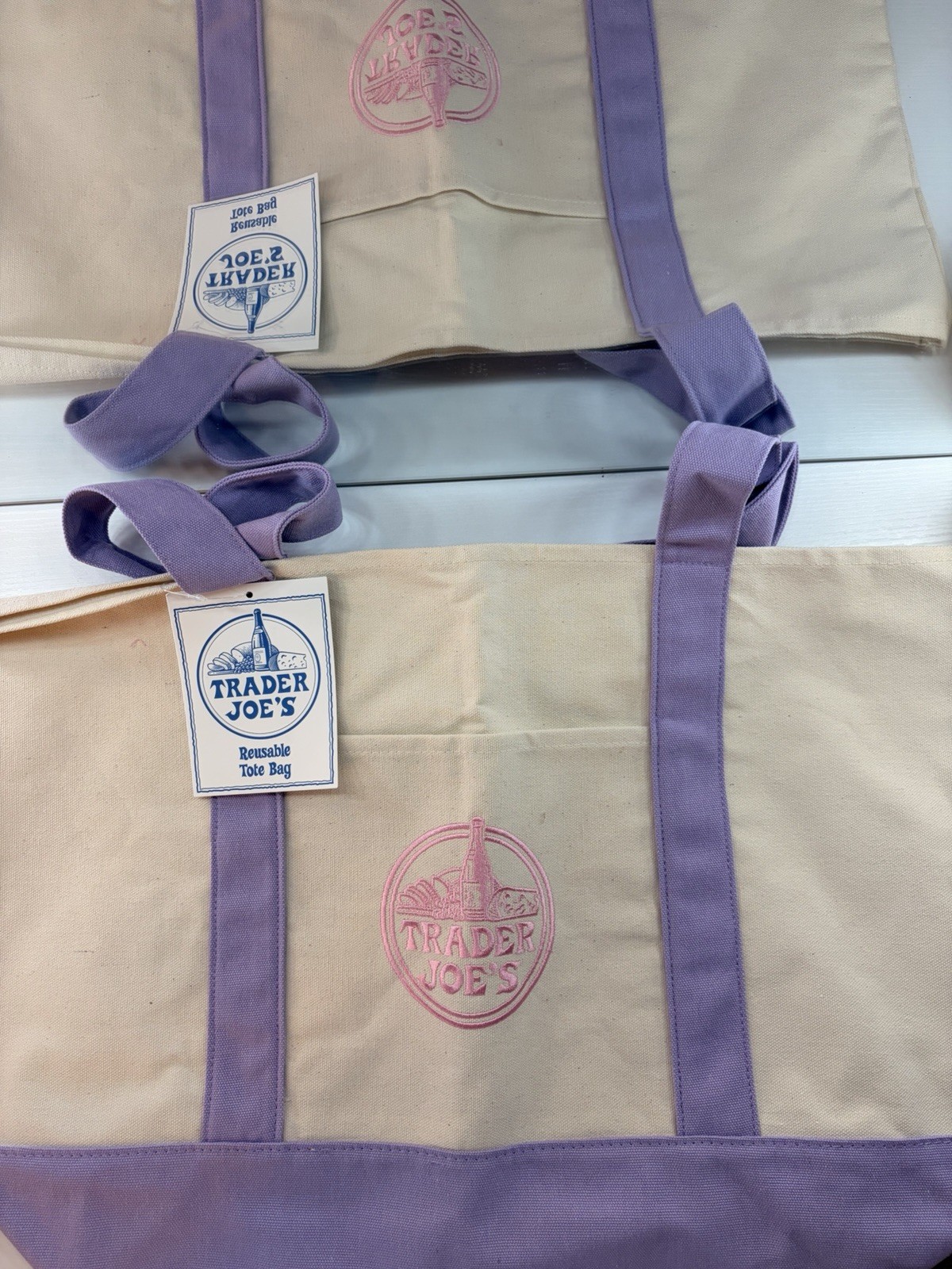 Trader Joe’s Mini Canvas Reusable Tote Bag Beige/Purple Logo 13x6x11 in New