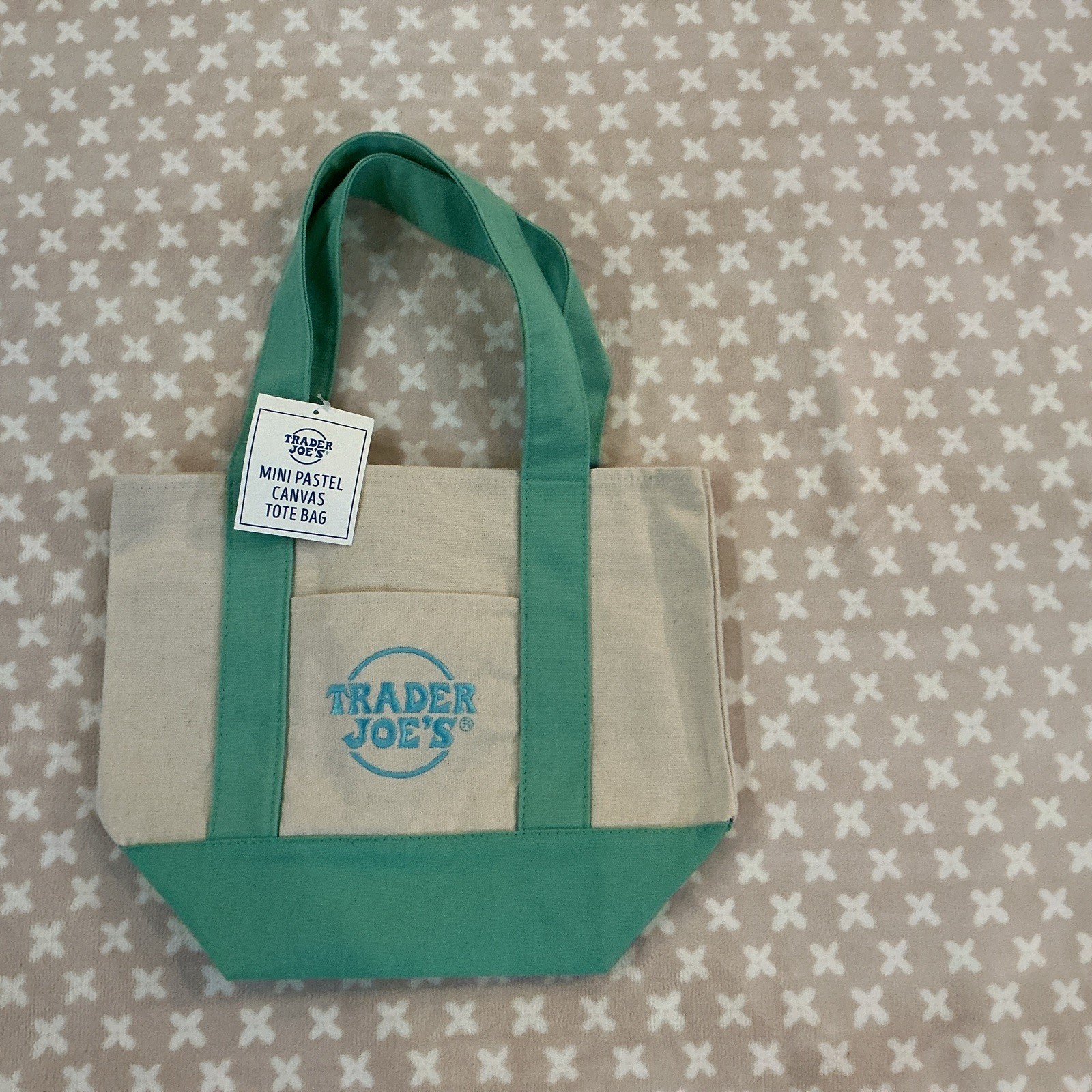 NWT Limited Trader Joe’s Mini Tote: Green trim With Blue Embroidered Logo