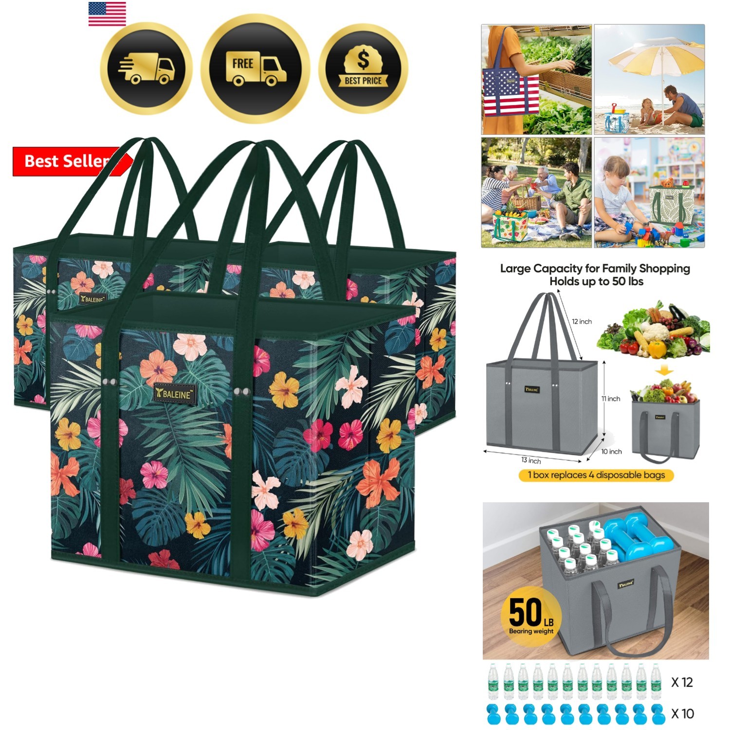 3Pk Reusable Grocery Bags, Foldable Shopping Bags for Groceries with Reinforc…
