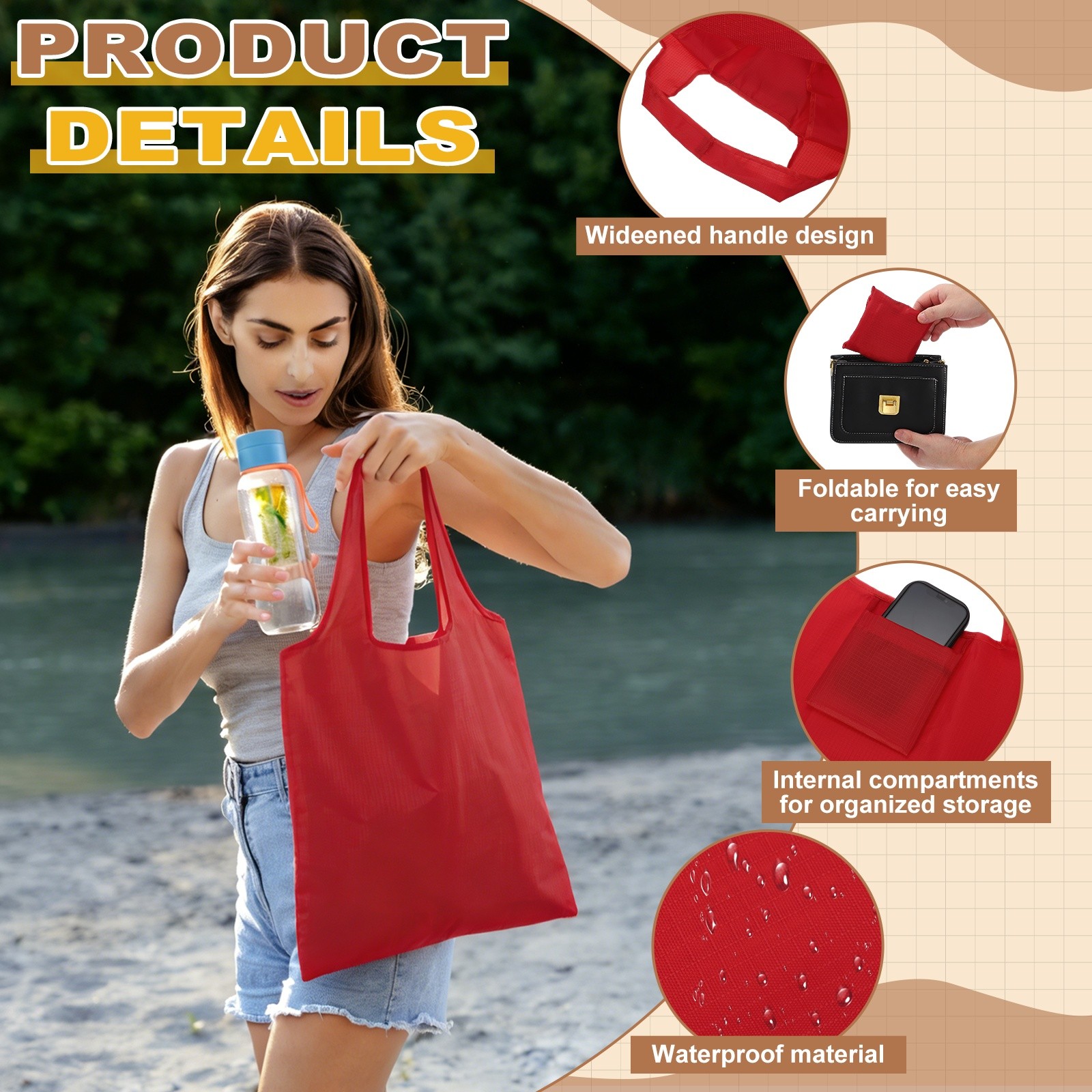 Washable Shopping Bags with Handles Bulk Foldable Grocery Bags Red L
