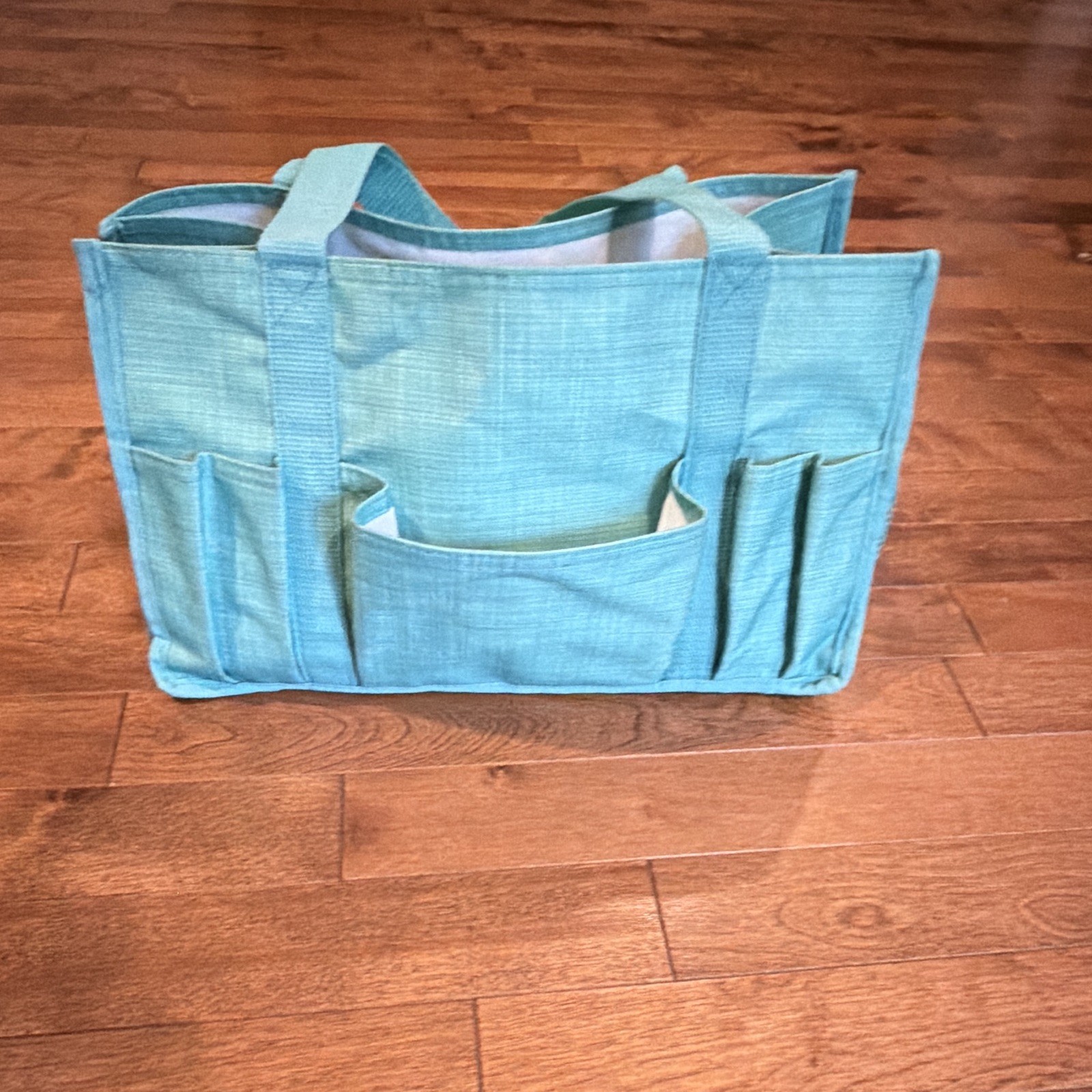 Thirty-One Blue Canvas Reusable Tote Bag w/ Outer Pockets Mesh Pocket 13x6x7