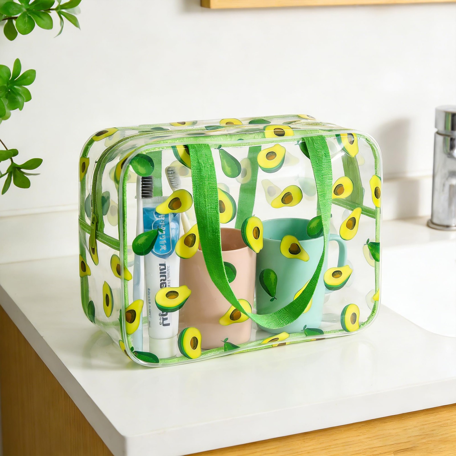 TotePrint Flower Makeup Bag – Clear Printable Vinyl Cosmetic Pouch, Avocado