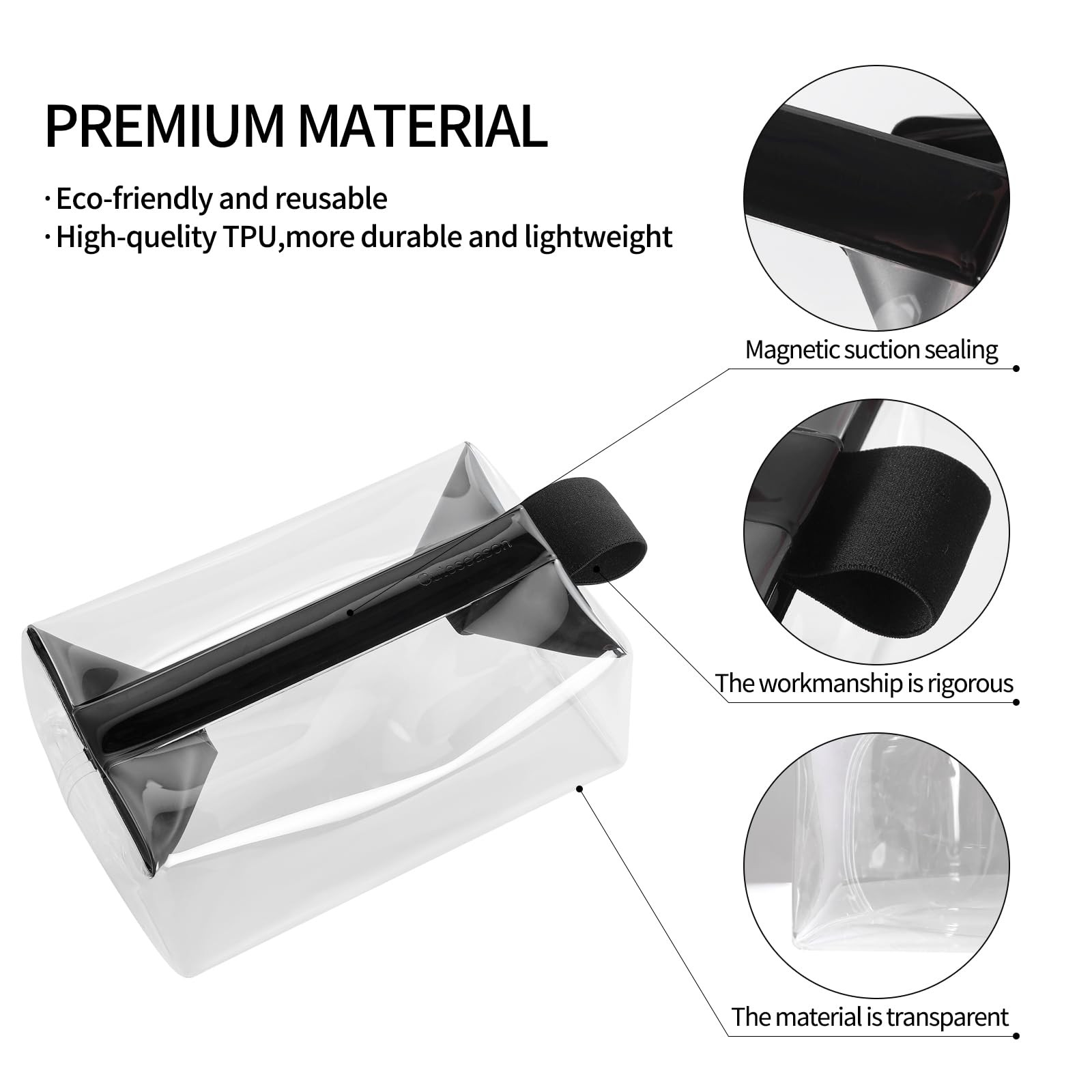 Clear Toiletry Bag with Magnetic Closure, 0.7mm Thick Structured TPU Black