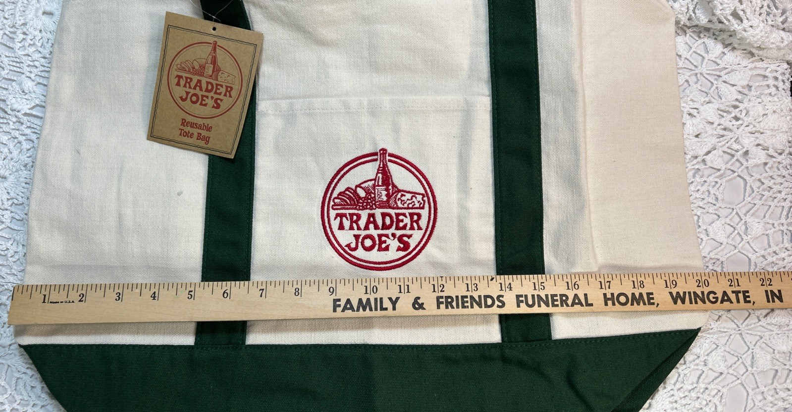 Trader Joe’s Reusable Heavy Cotton Canvas Shopping Bag, Off White & Green,Large