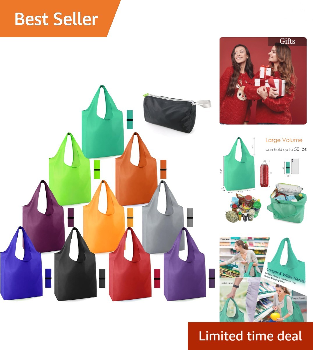 Colorful 10-Pack Reusable Grocery Bags – 50LBS Extra Large & Machine Washable