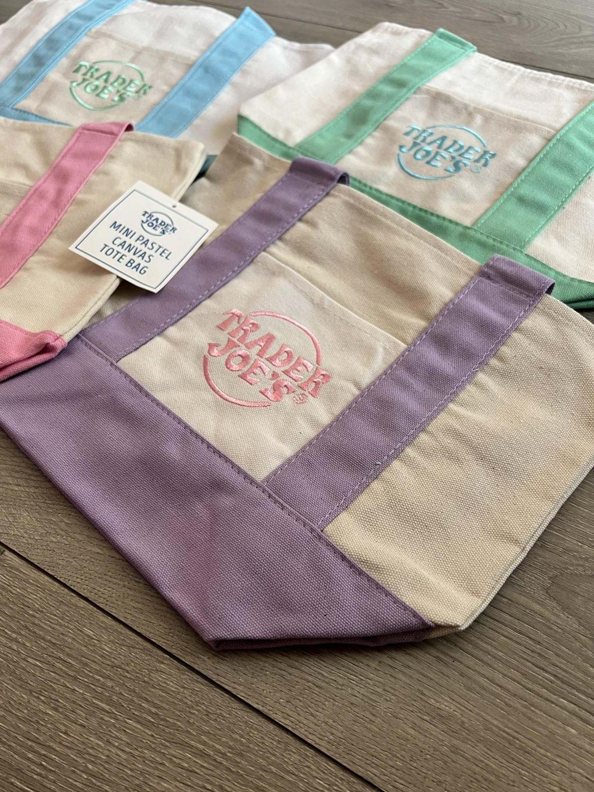 Trader Joes 4 Set Mini Pastel Canvas Tote Bag Blue Pink Purple Green 🇺🇲 Seller