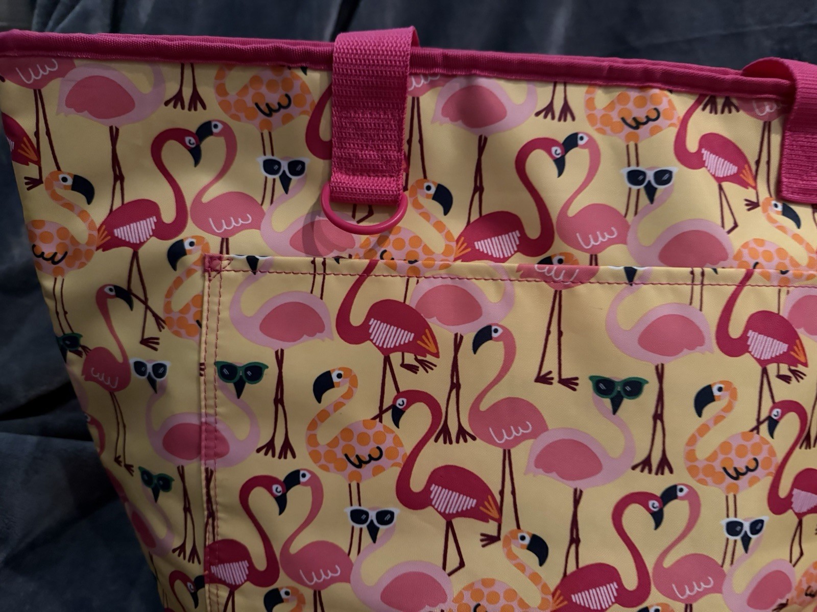 Thirty-One Flamingo Print Insulated Foldable Shopping Bag Pink Yellow Polyester