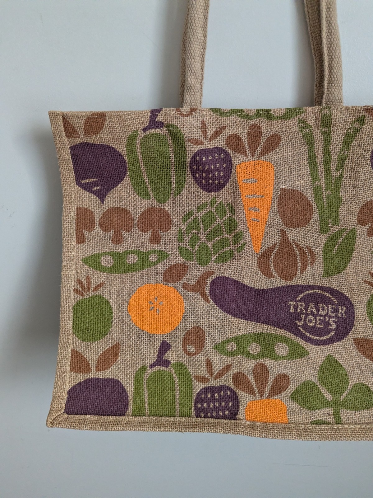 Trader Joe’s Jute Burlap Expandable Tote Bag Shopping Vegetables Eggplant Lined