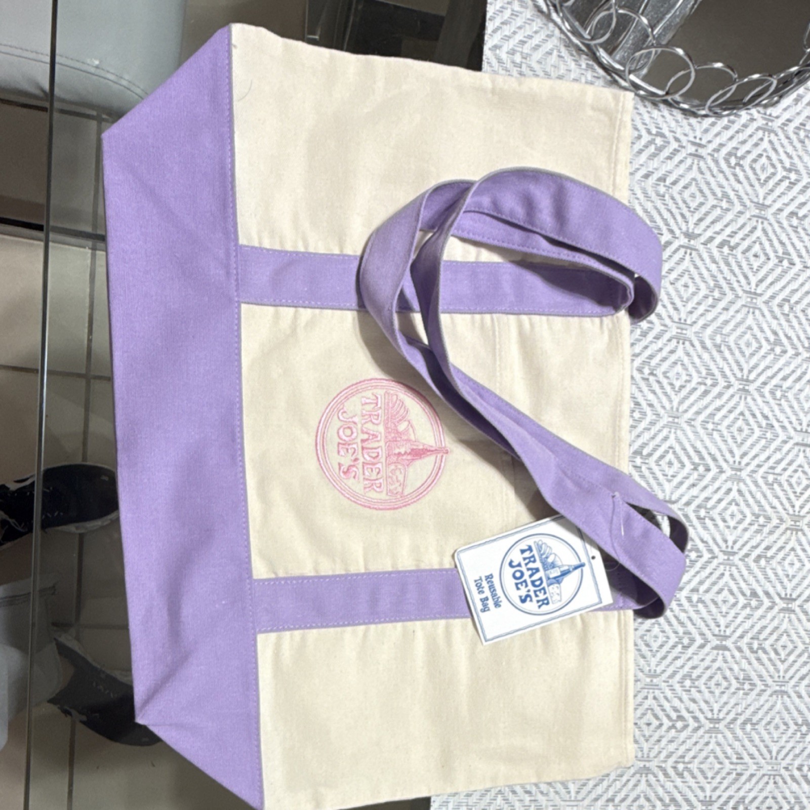 Trader Joe’s Foldable Canvas Reusable Shopping Bag Beige Purple Color Block