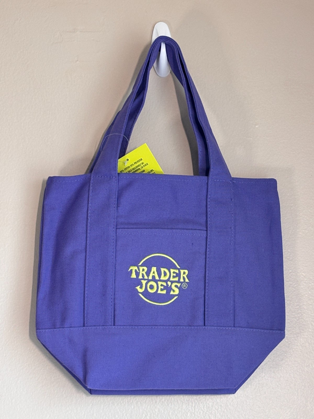 Trader Joes Mini Canvas Purple Tote Bag Embroidered Logo Double Handles