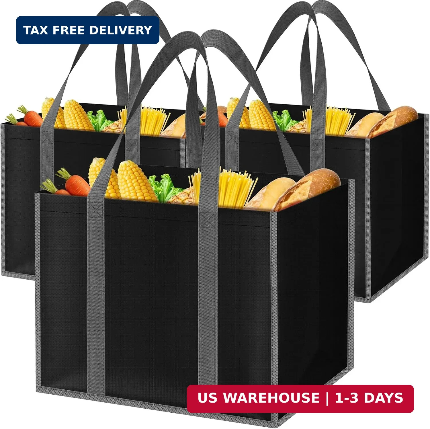 Multipurpose Reusable Grocery Bags with Long Handles – 3 Pack (Black)