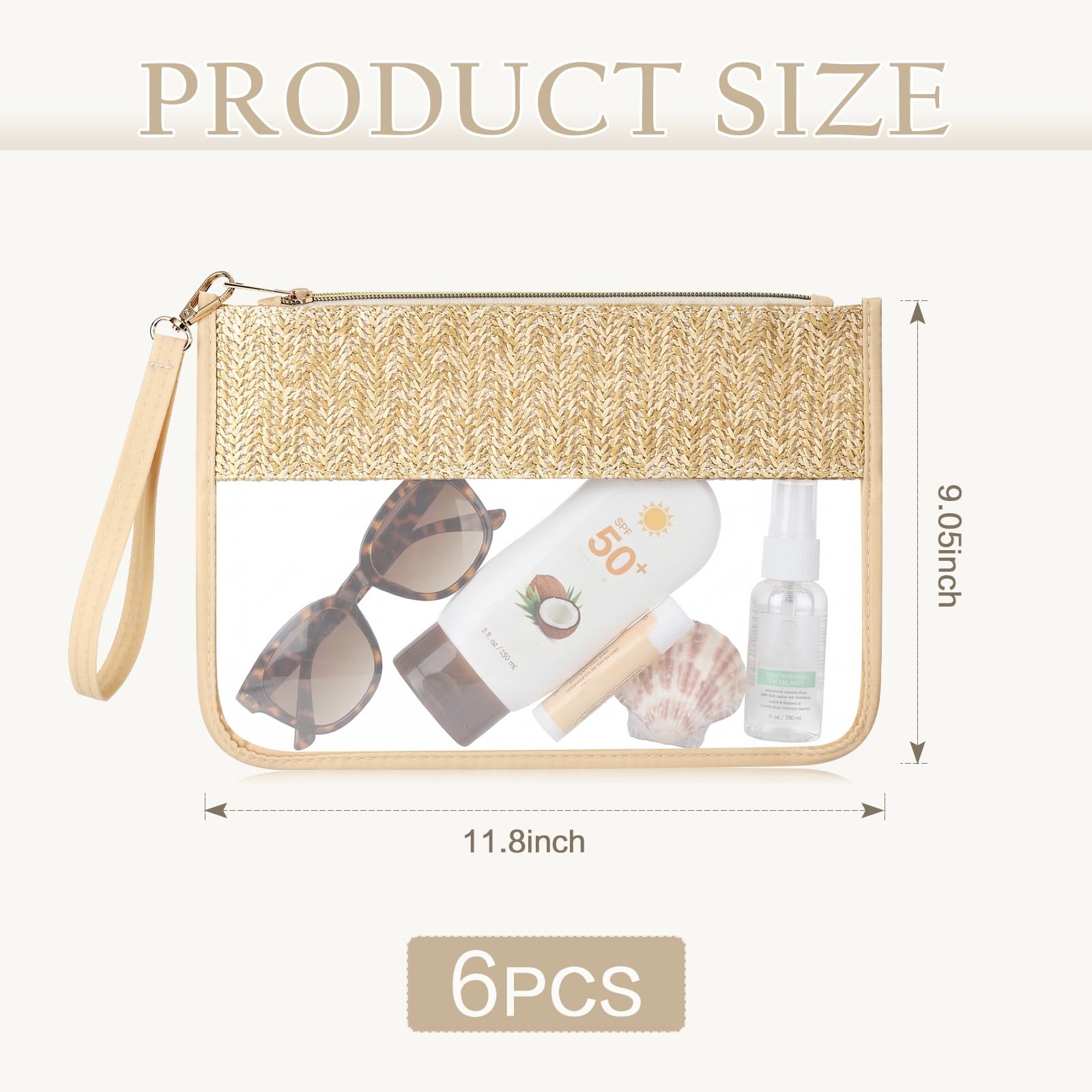 Kajaia 6 Pcs Boho Clear Cosmetic Bags about 11.8 x 9.05 inches, Beige