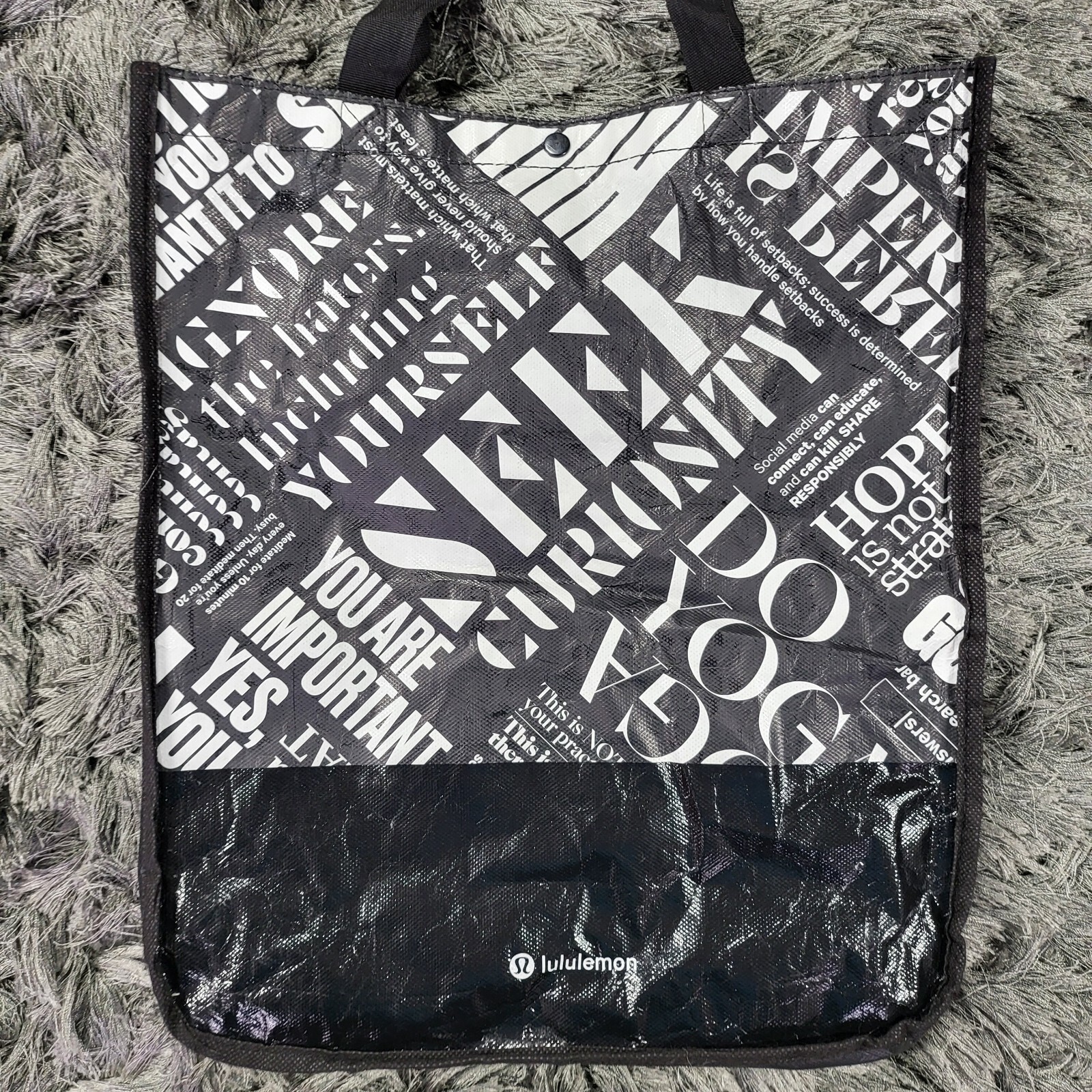 Lululemon Reusable Shopping Gym Tote Bag 16 x 13″ Black White Motivational Print