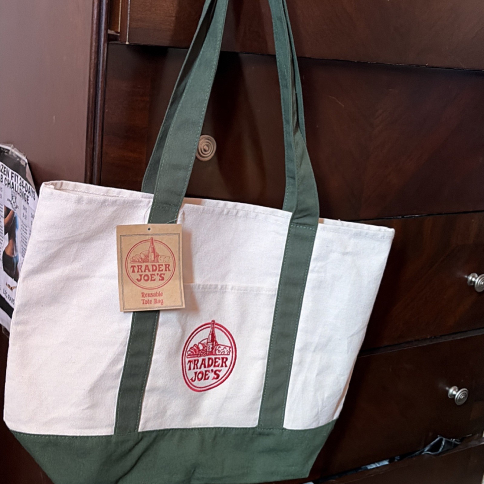 Trader Joe’s Reusable Canvas Tote Bag White Green Solid Plain Grocery Shopping