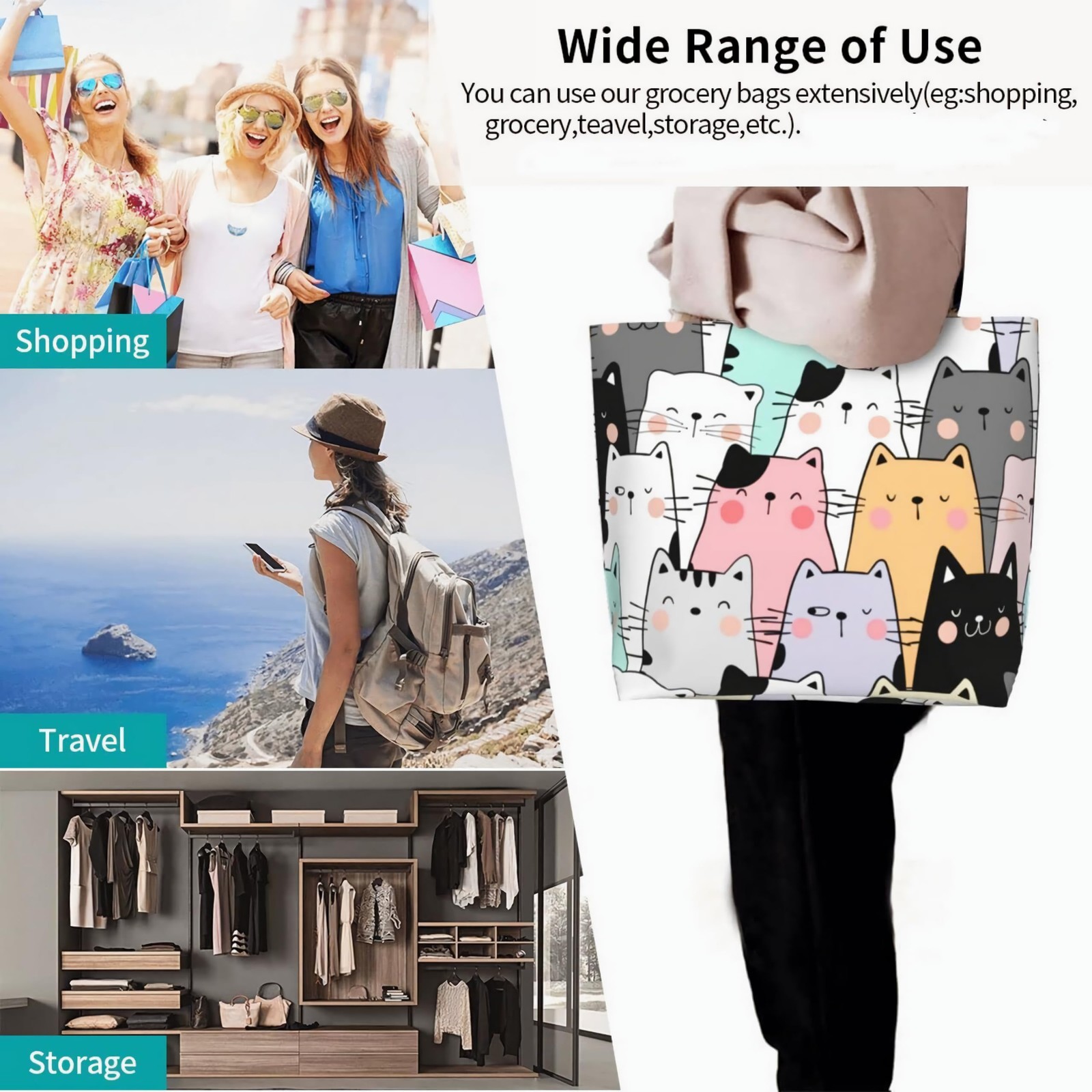 Cat Tote, Cute Large Shoulder Bag, Casual Reusable Handbag, Women, Shopping