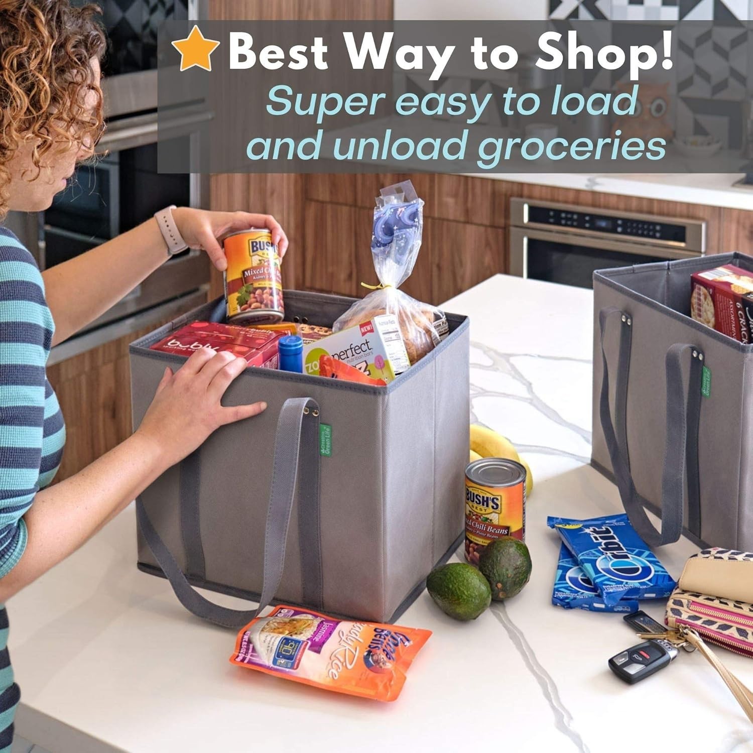 Reusable Grocery Bags 3 Pack Canvas Heavy Duty Large Tote Box Shape Stand Up