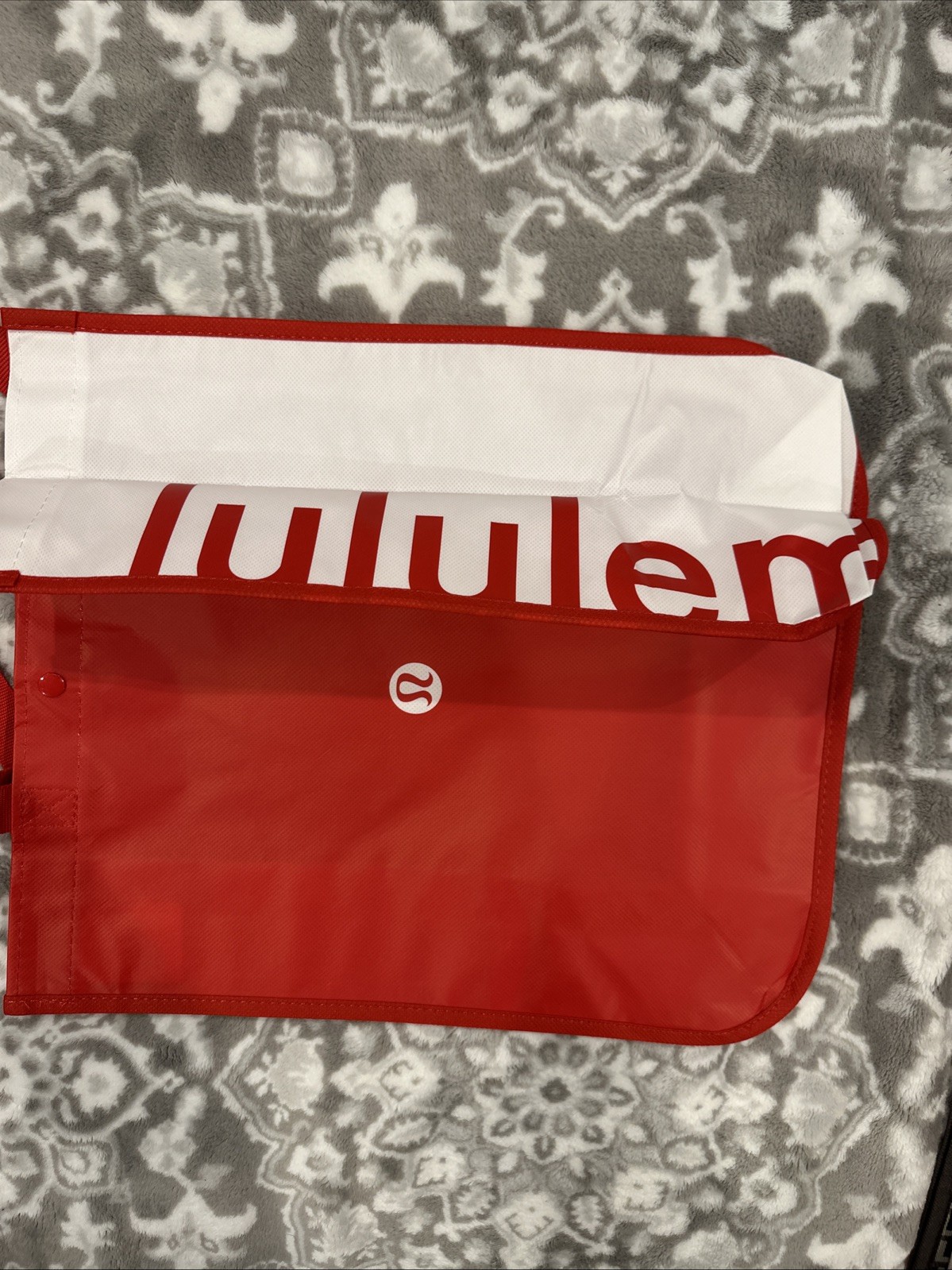 Lululemon Logo Reusable Shopping Bag Red White Sides Tote 14”x16” W/Snap New
