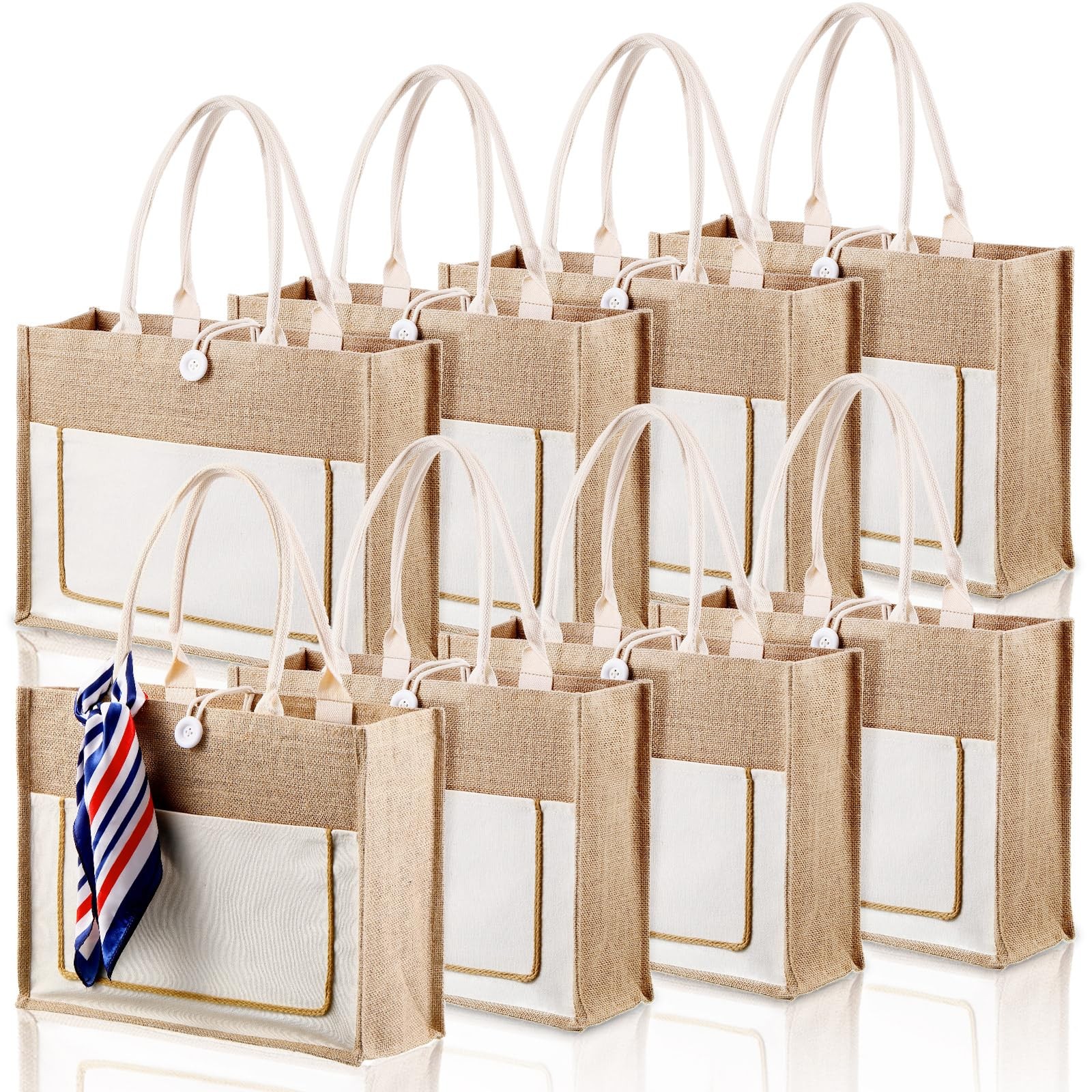 8 Pcs Burlap Tote Bags Bulk Large Jute Tote with Handles Reusable Canvas Gift…