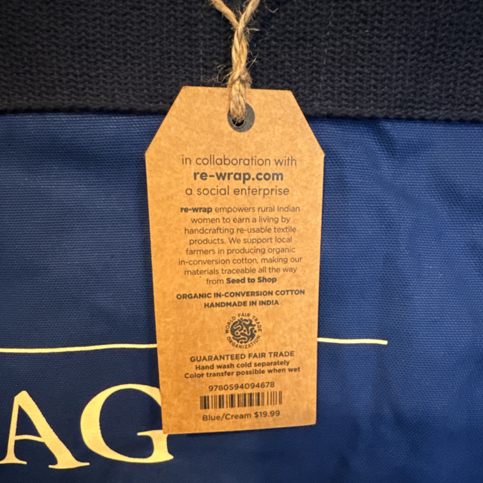 Barnes & Noble A Bag of Books Blue Cream Organic Cotton Tote with Pockets