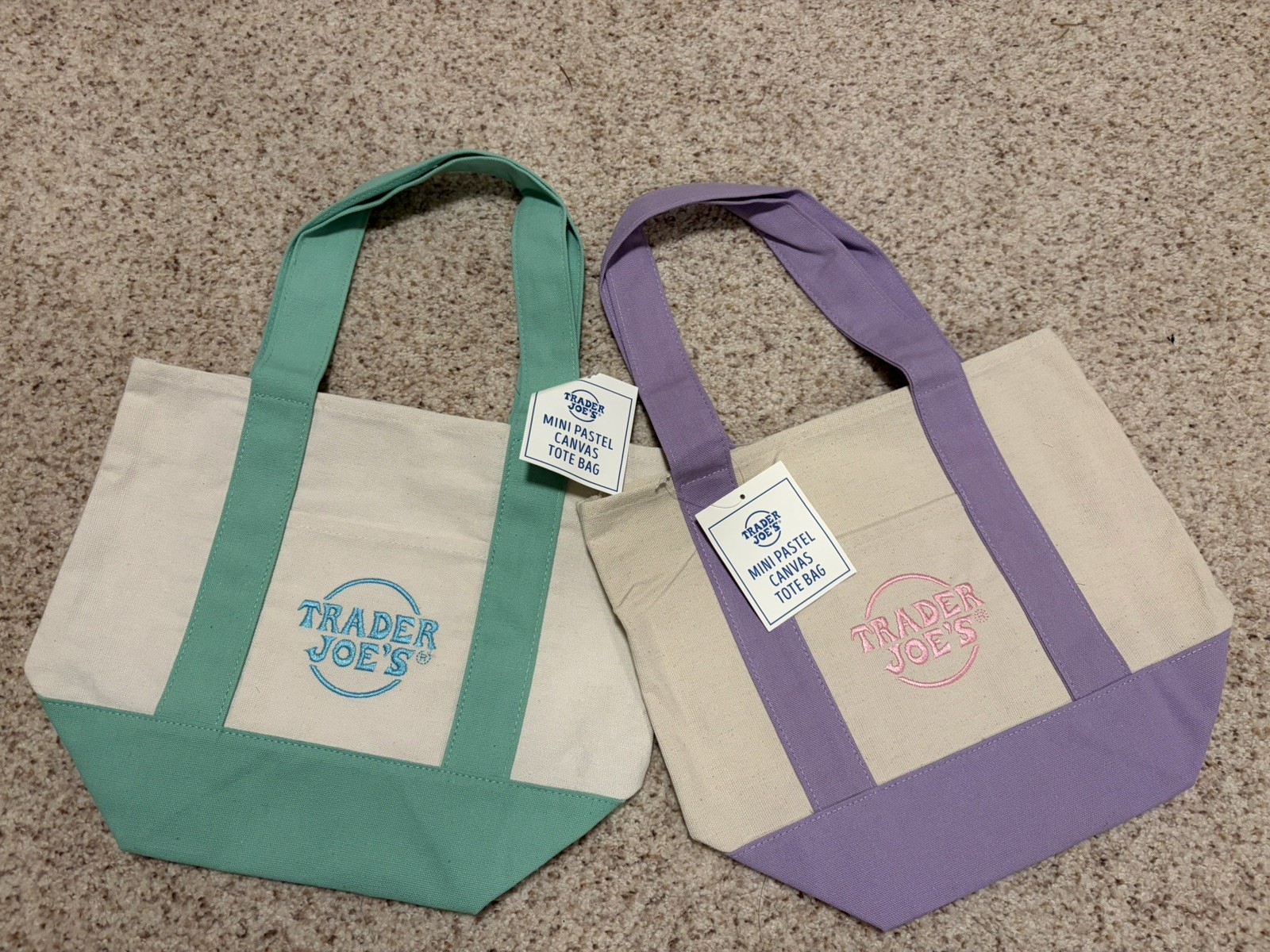 Trader Joe‘s Mini New Spring Pastel Canvas Tote Bag – Green+Purple, Set Of 2