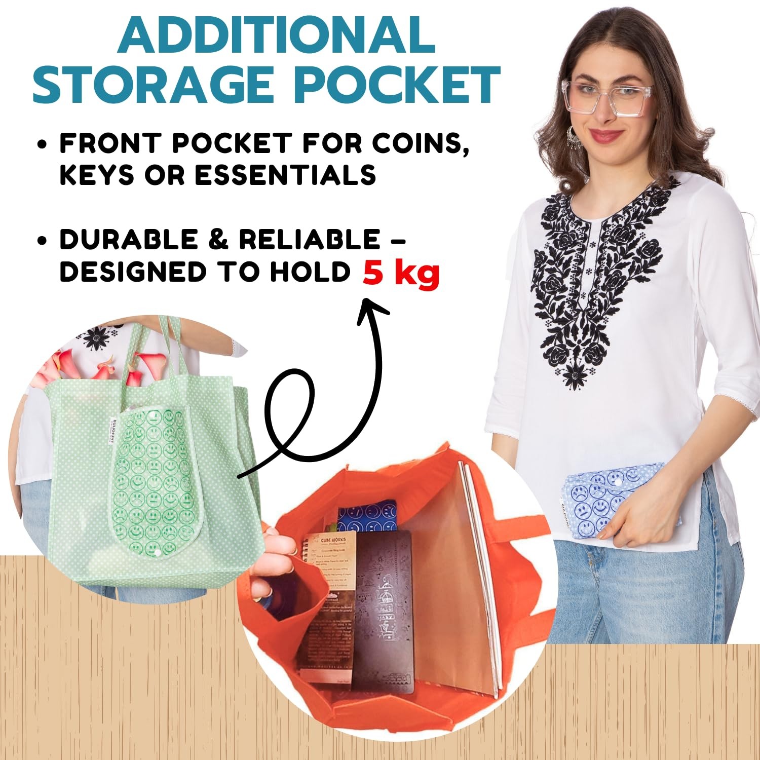 6 PCS Foldable Shopping Bags Combo Reusable Printed With Handle Grocery