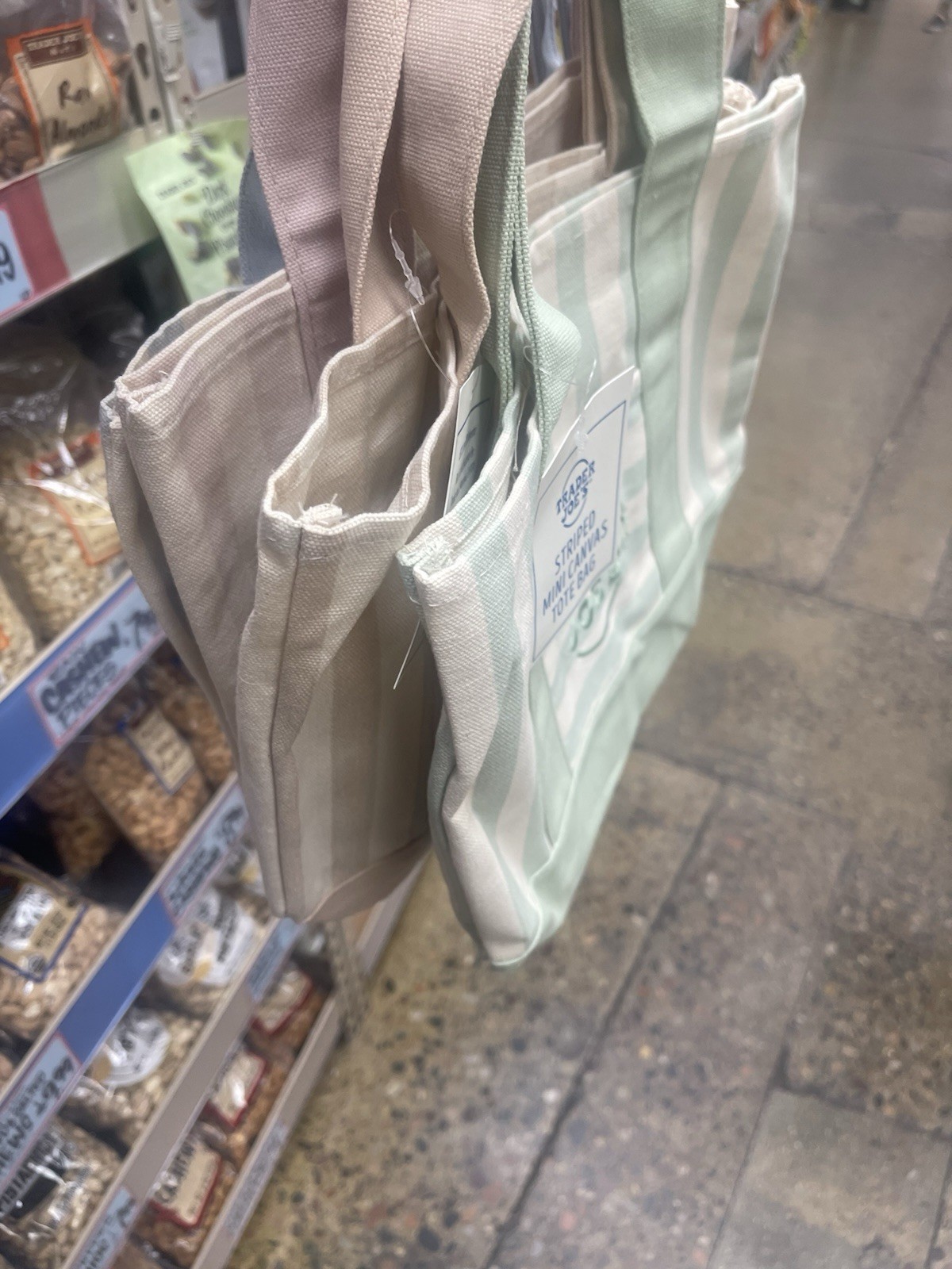 Striped Reusable Tote Shopping Bag, Beige Green White, 12 x 12 x 10 in
