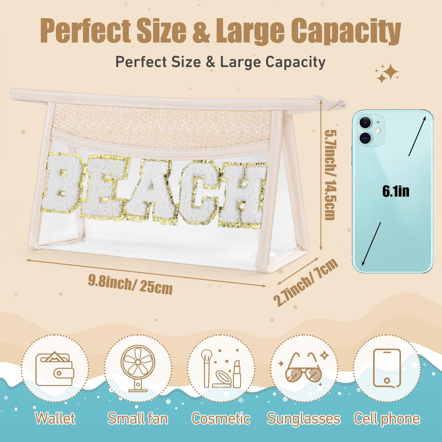 Etercycle Boho Patch BEACH Makeup Bag, Clear PVC 9.8*5.7*2.7 inches,