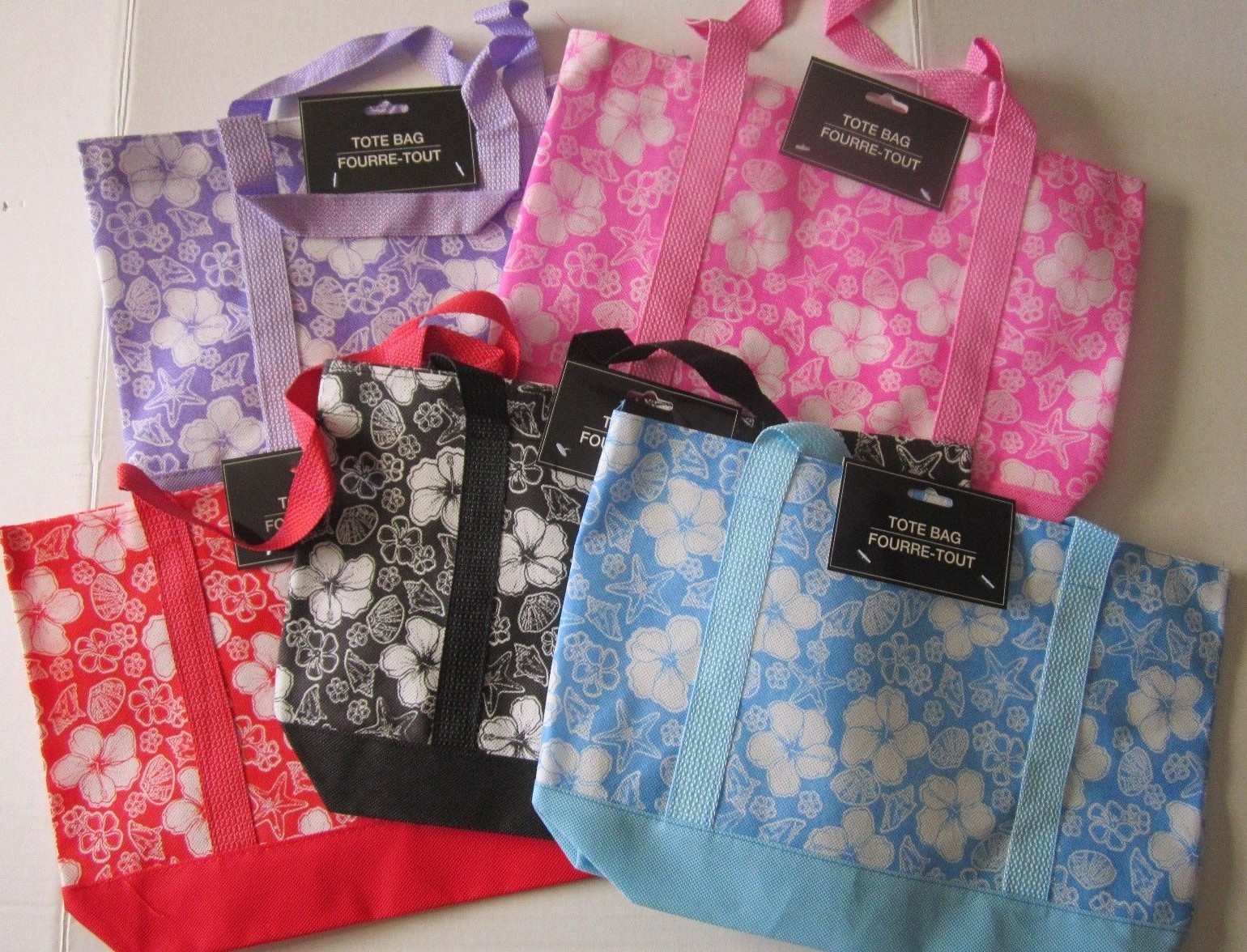 LUAU HIBISCUS FLOWER TOTE BAG GRP OF 5 (PURPLE, BLUE, PINK, BLK, RED) 15″x11″