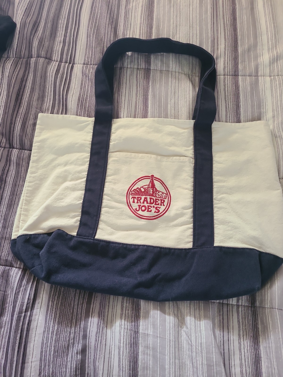 Trader Joe’s Canvas Reusable Shopping Bag Foldable Beige Navy Blue