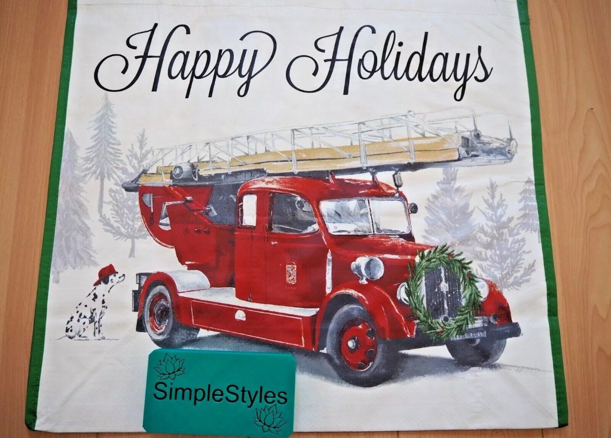 Dalmatian Dog Firetruck Snowy Forest Christmas Reusable Shopping Gift Bag NEW