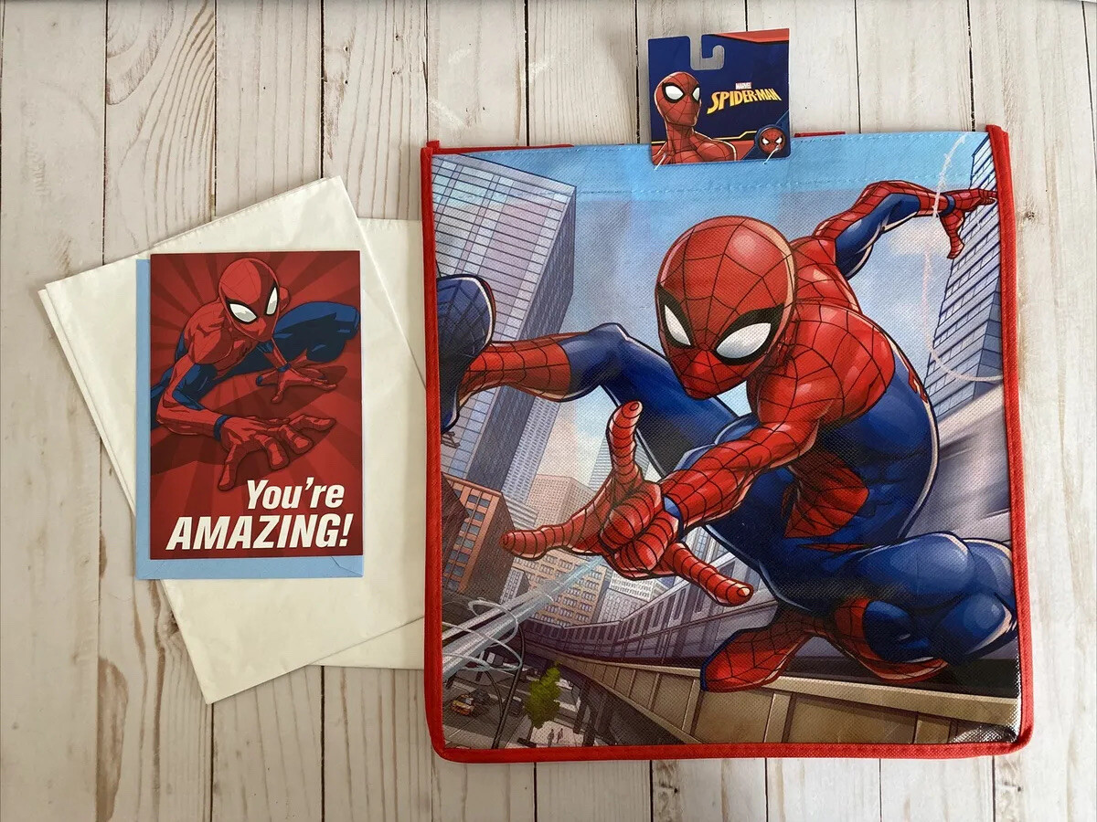 Spider-Man Reusable Tote Bag With Birthday Card + 6 Sheets Of 18” x 18” Tissue