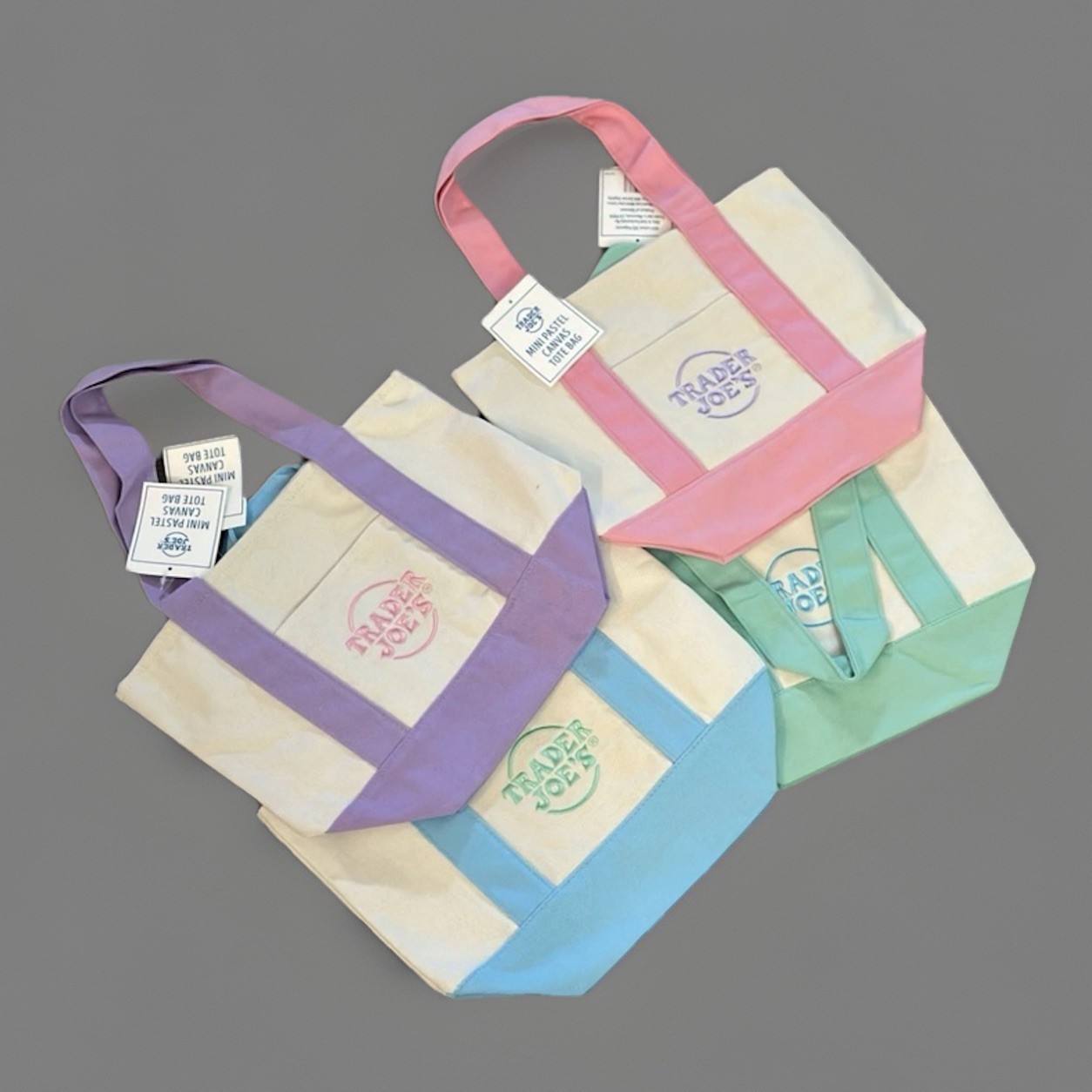 Trader Joes Mini Pastel Canvas Tote Bag Set Of 4 Colors Green Pink Purple Blue