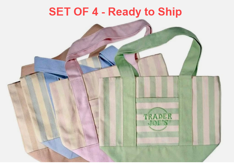 Trader Joe’s 💚 AUTHENTIC 2026 STRIPED EMBROIDERED CANVAS REUSABLE TOTE BAGS SET