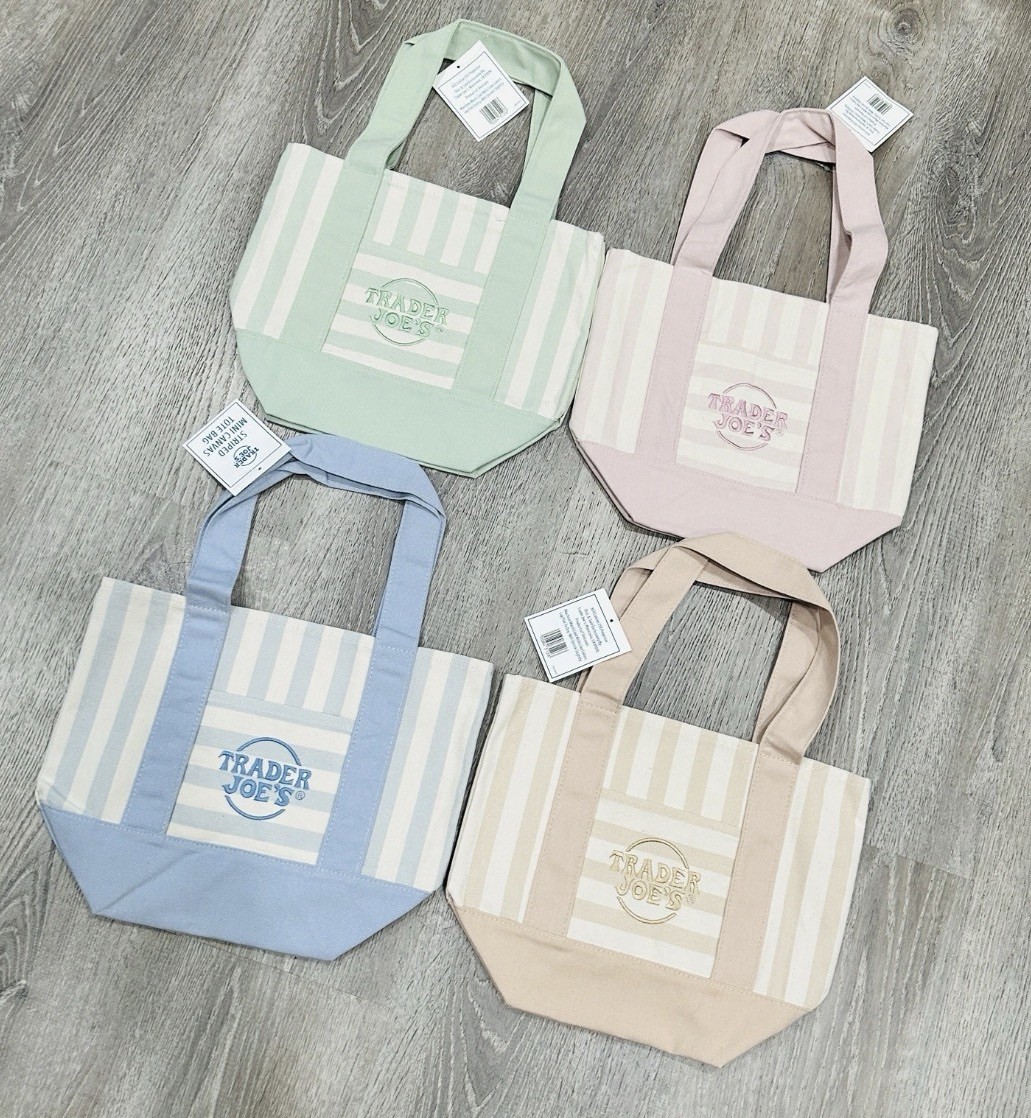 TRADER JOE’S PASTEL STRIPE CANVAS MINI TOTE BAGS, SET Of 4 PINK BLUE GREEN BEIGE