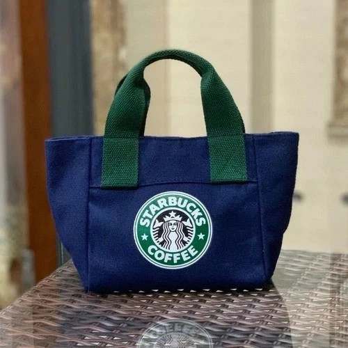 Blue Starbucks Print Mini Canvas Tote Bag Reusable for Women Lunch & Grocery