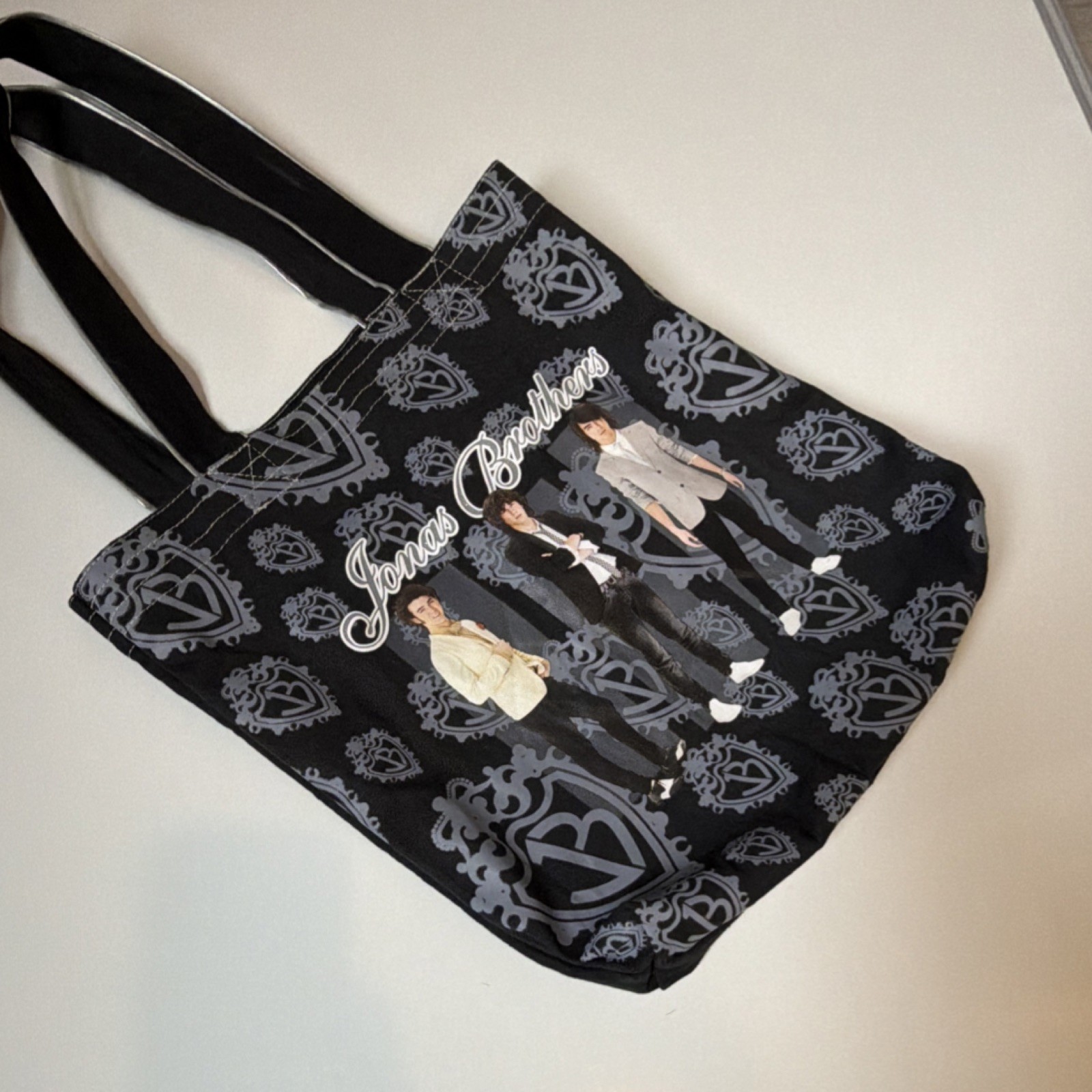 Jonas Brothers Reusable Canvas Shopping Bag Foldable Black All-Over Pattern