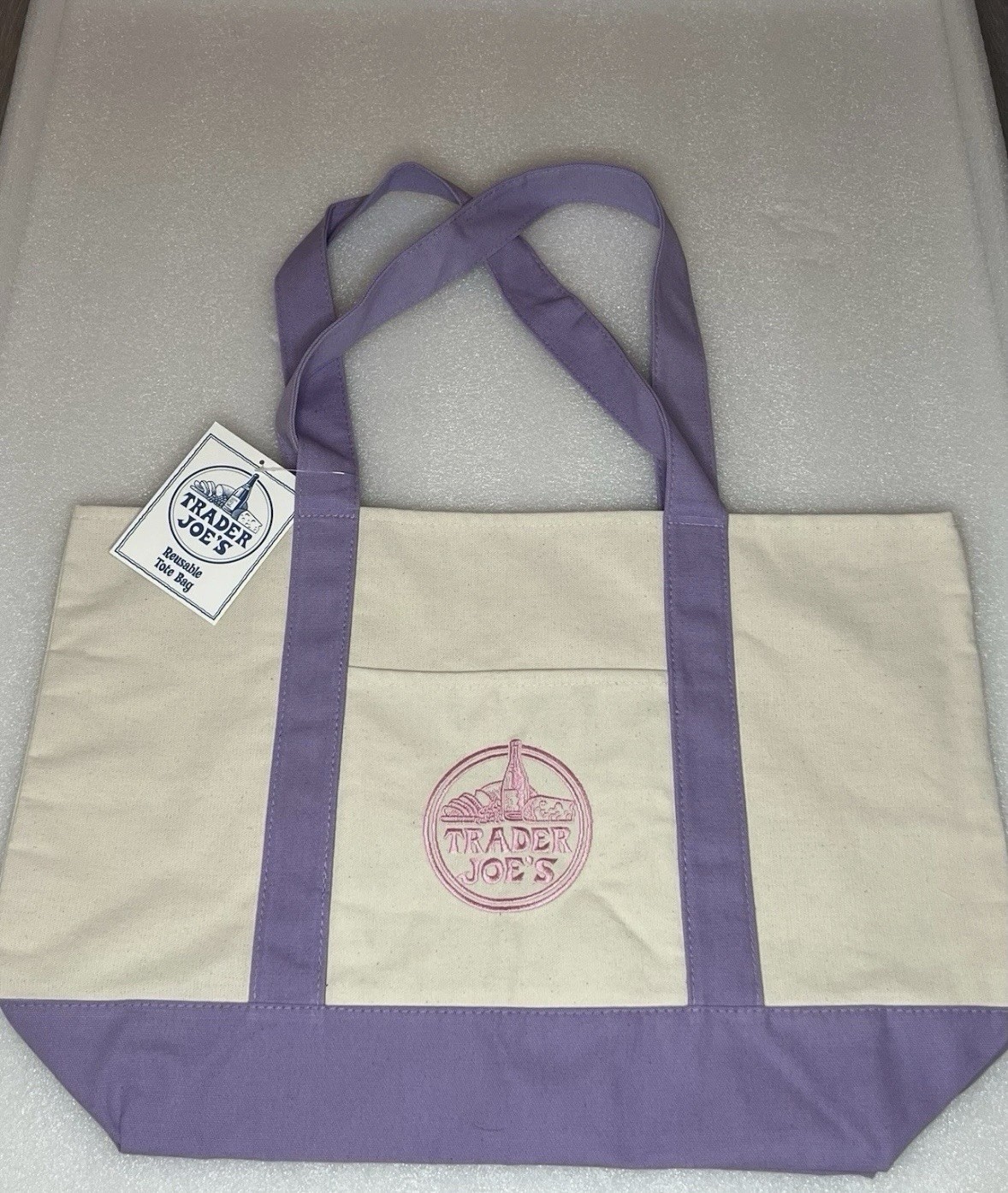Trader Joe’s Canvas Reusable Logo Tote Bag Large Purple/Beige 20in x 14in