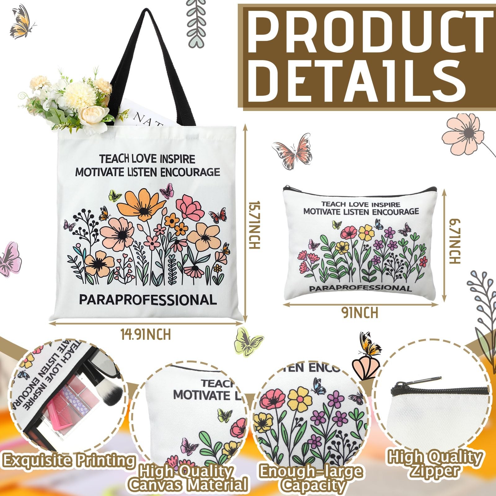 14.9 x 15.7 inches (canvas bag), 9 x 6.7 (makeup Multicolor