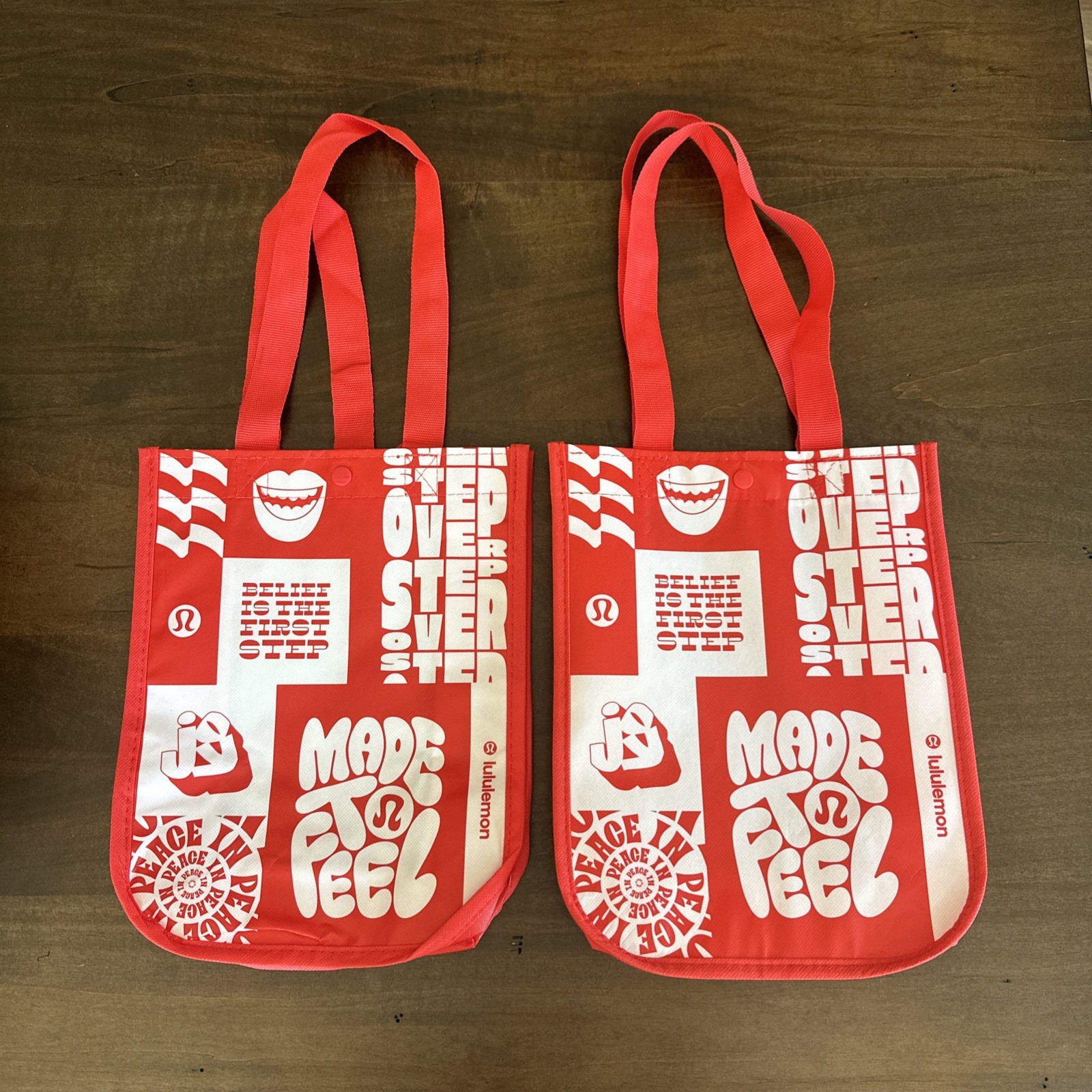 2 NEW Lululemon Small Reusable Shopping Tote Bag Limited Edition Red And White
