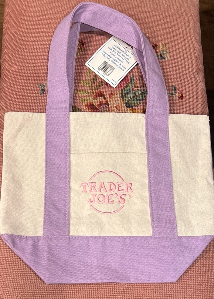 Trader Joes Mini Pastel Canvas Tote Bag Lavender New Embroidered Limited Tags