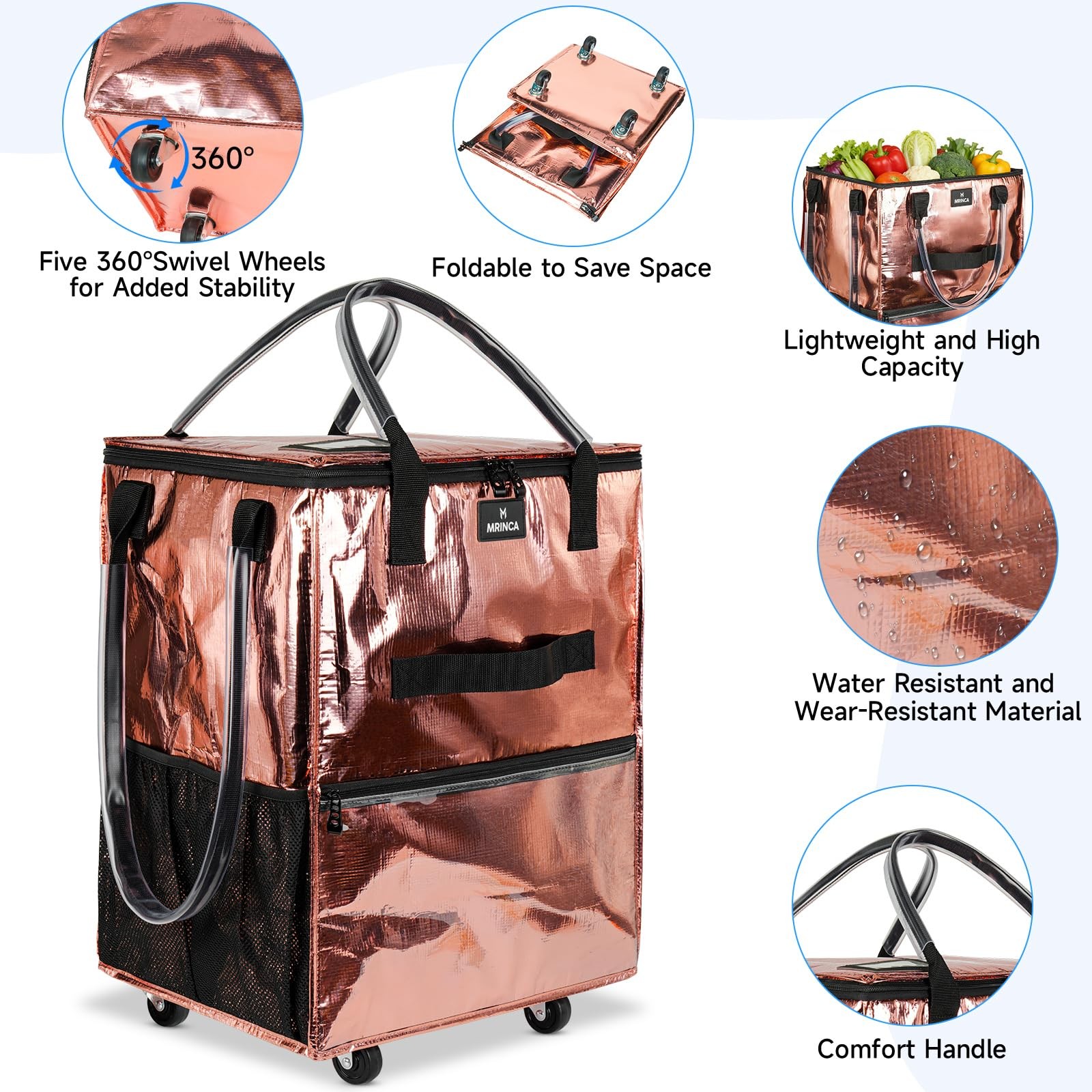 Reusable Grocery Bag On Wheels, Foldable Rolling Tote Bag, 6 Pockets, Collaps…