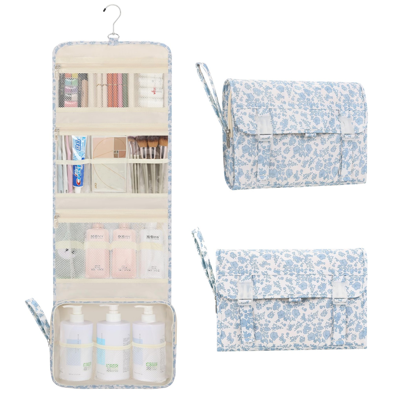 Relavel Travel Toiletry Bag with Hanging Hook, Floral X Large, 01 Blue Flower