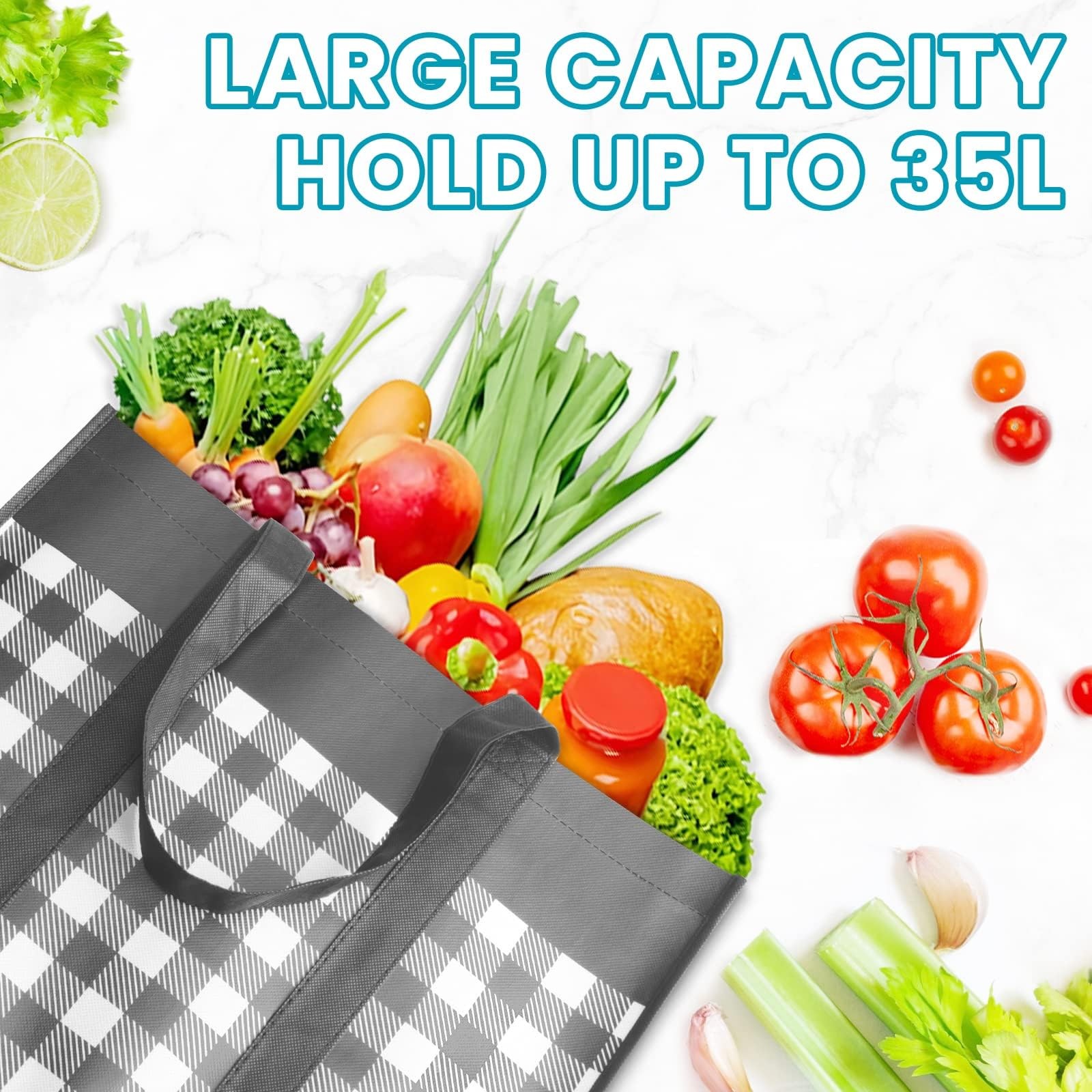 6 Pack Grey/White Foldable Water Resistant Reusable Grocery Shopping Bag
