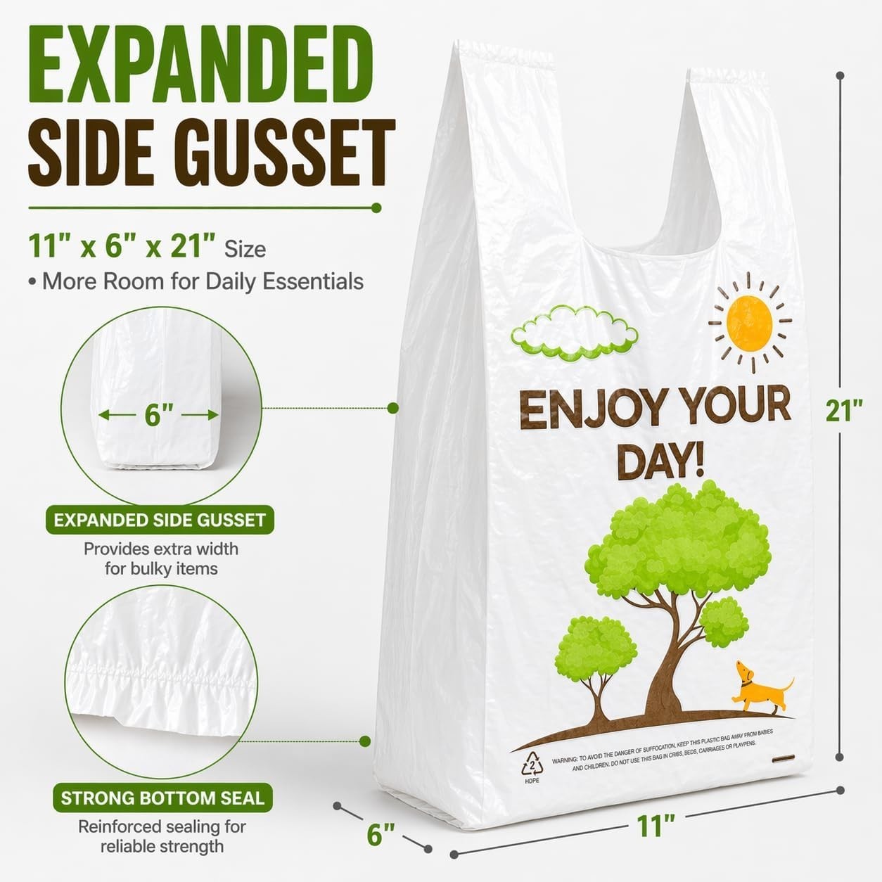 Versatile White Plastic Thank You Bags – 150PCS Bulk, 11”x6”x21” Dimensions