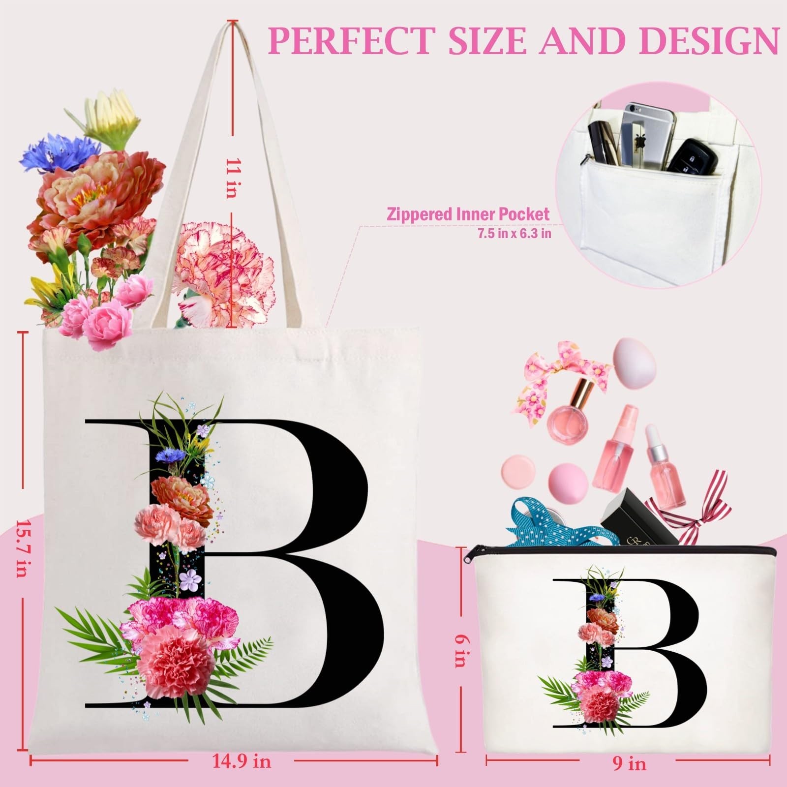 Initial Canvas Tote Bag Floral Letter Personalized Makeup Bag Monogrammed Gif…
