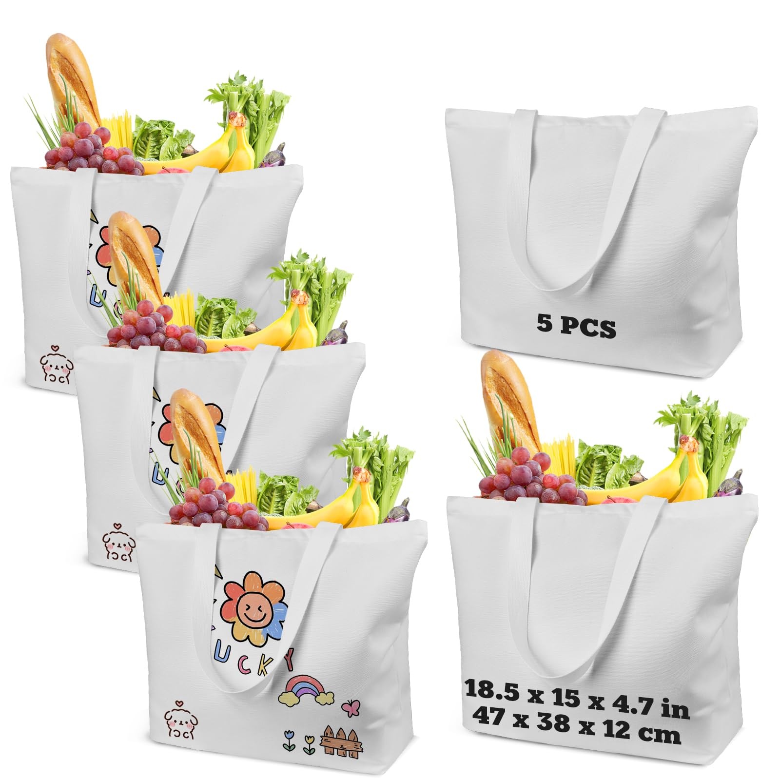 5 Pack Sublimation Tote Bags with Zipper, 12oz Heavy Duty 100% Polyester Blan…